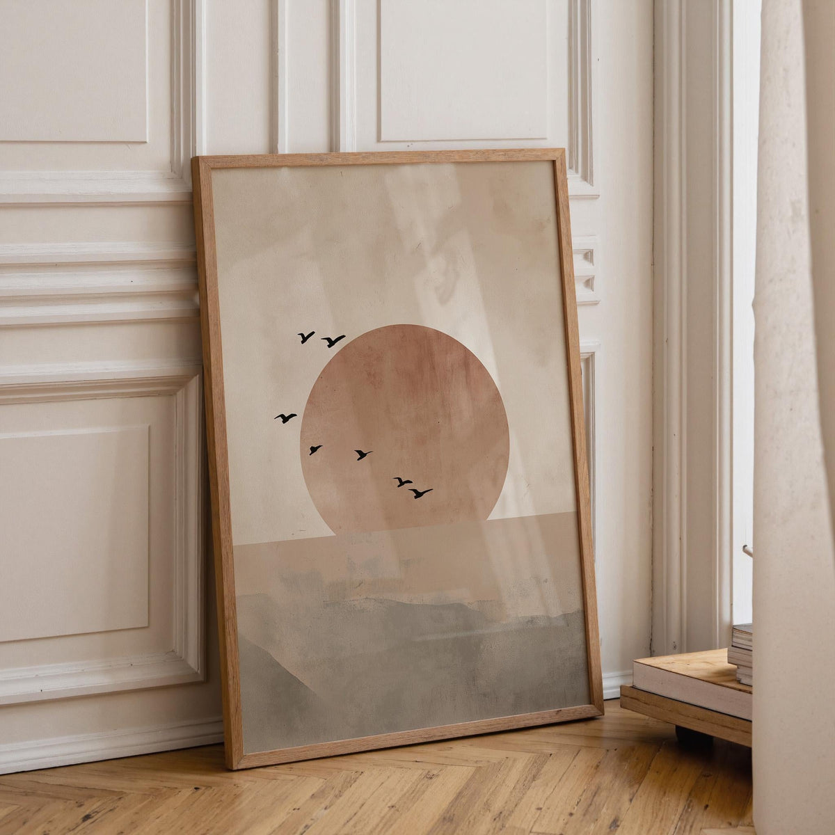 Minimalist Sun and Birds Wall Art, Neutral Abstract Landscape Print, Boho Japandi Wall Decor, Calm Nature Poster by The Wa...