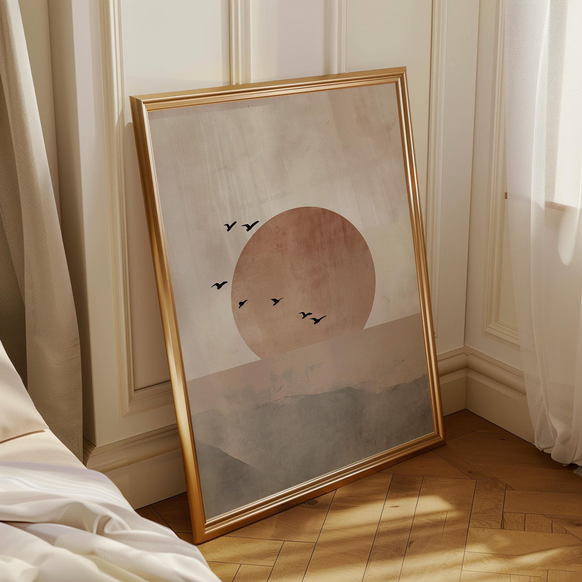 Minimalist Sun and Birds Wall Art, Neutral Abstract Landscape Print, Boho Japandi Wall Decor, Calm Nature Poster by The Wa...