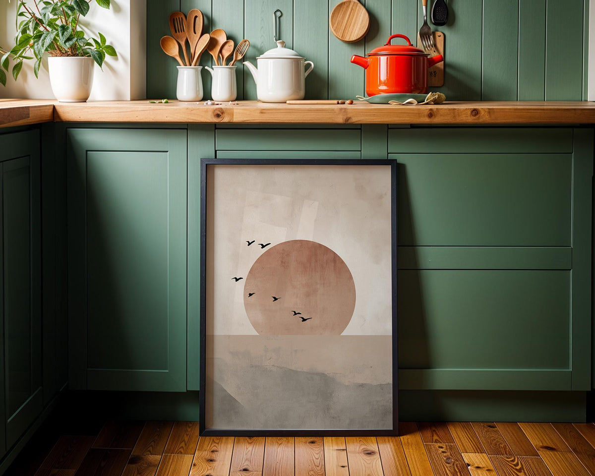 Minimalist Sun and Birds Wall Art, Neutral Abstract Landscape Print, Boho Japandi Wall Decor, Calm Nature Poster by The Wa...