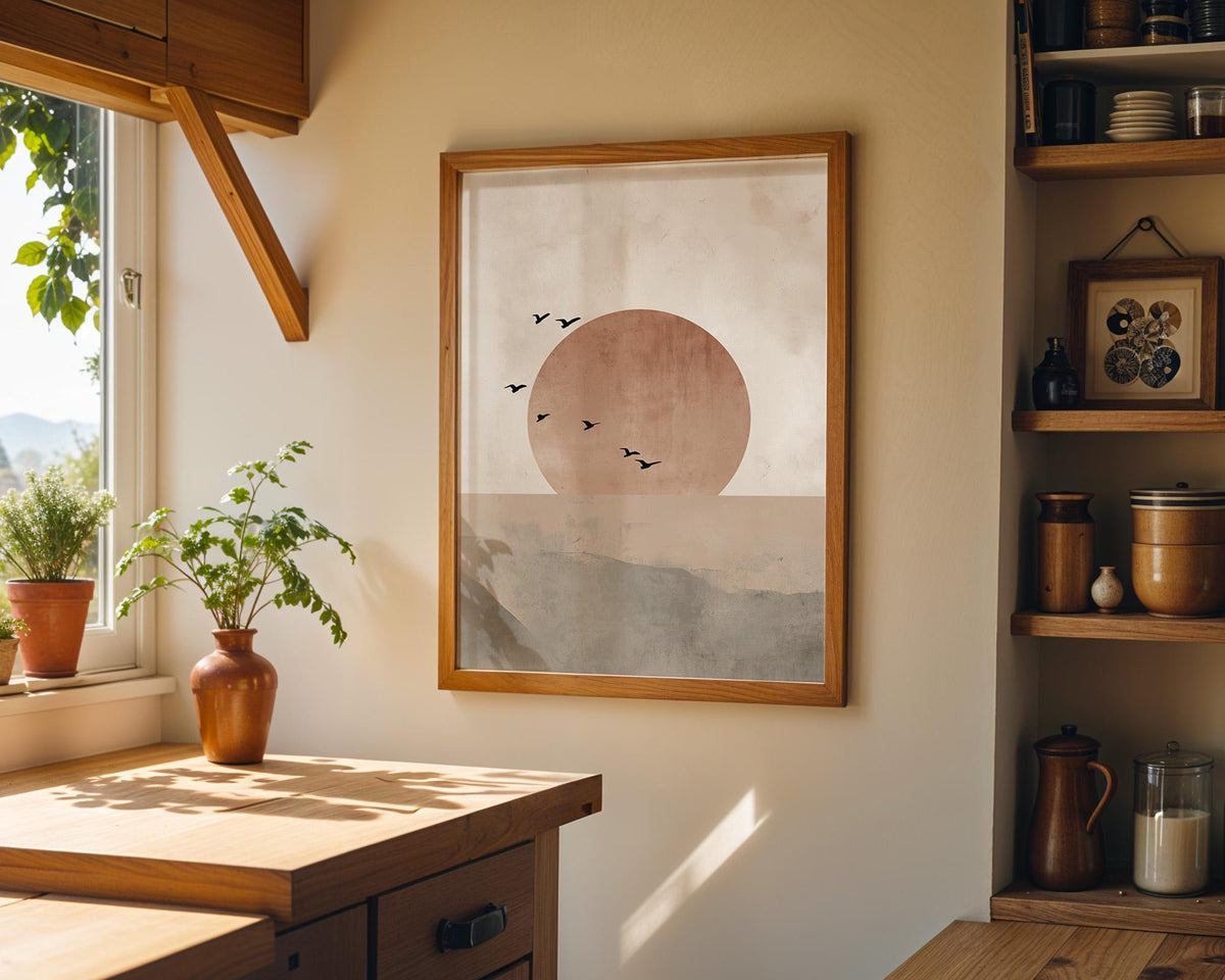 Minimalist Sun and Birds Wall Art, Neutral Abstract Landscape Print, Boho Japandi Wall Decor, Calm Nature Poster by The Wa...