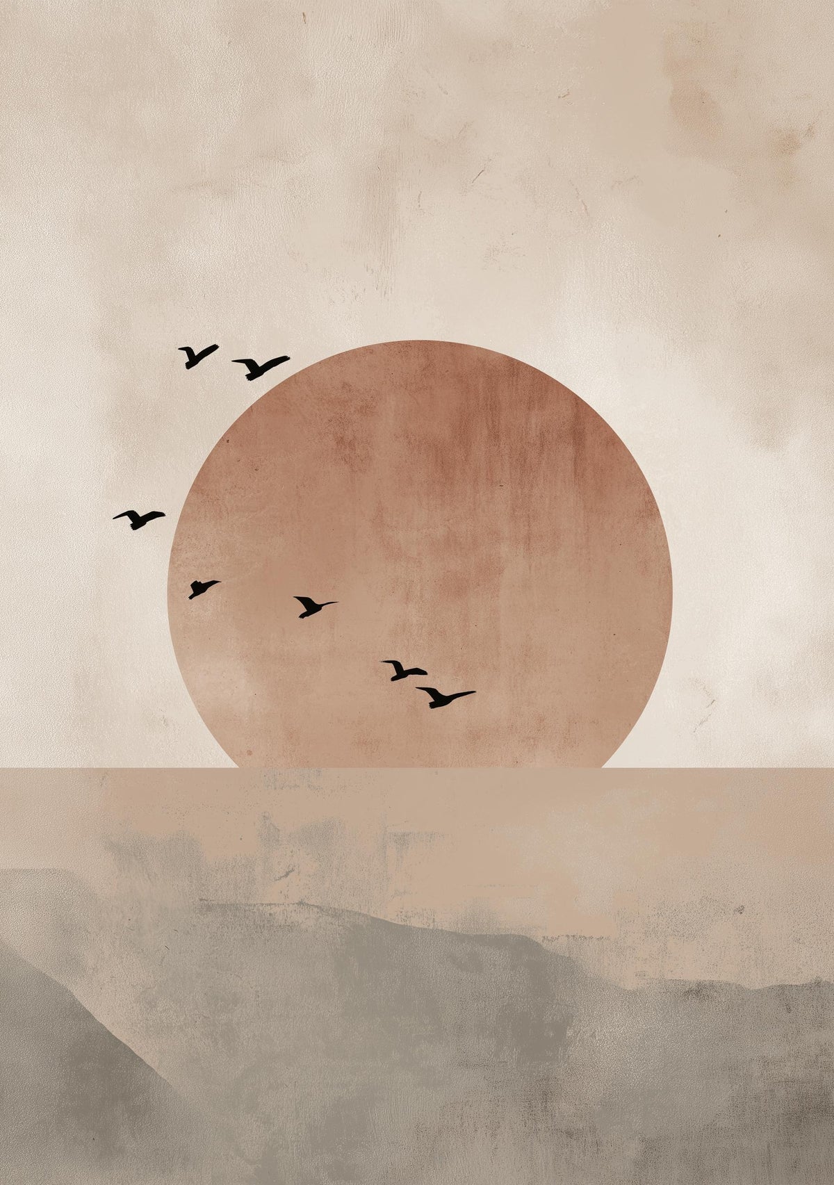 Minimalist Sun and Birds Wall Art, Neutral Abstract Landscape Print, Boho Japandi Wall Decor, Calm Nature Poster by The Wa...