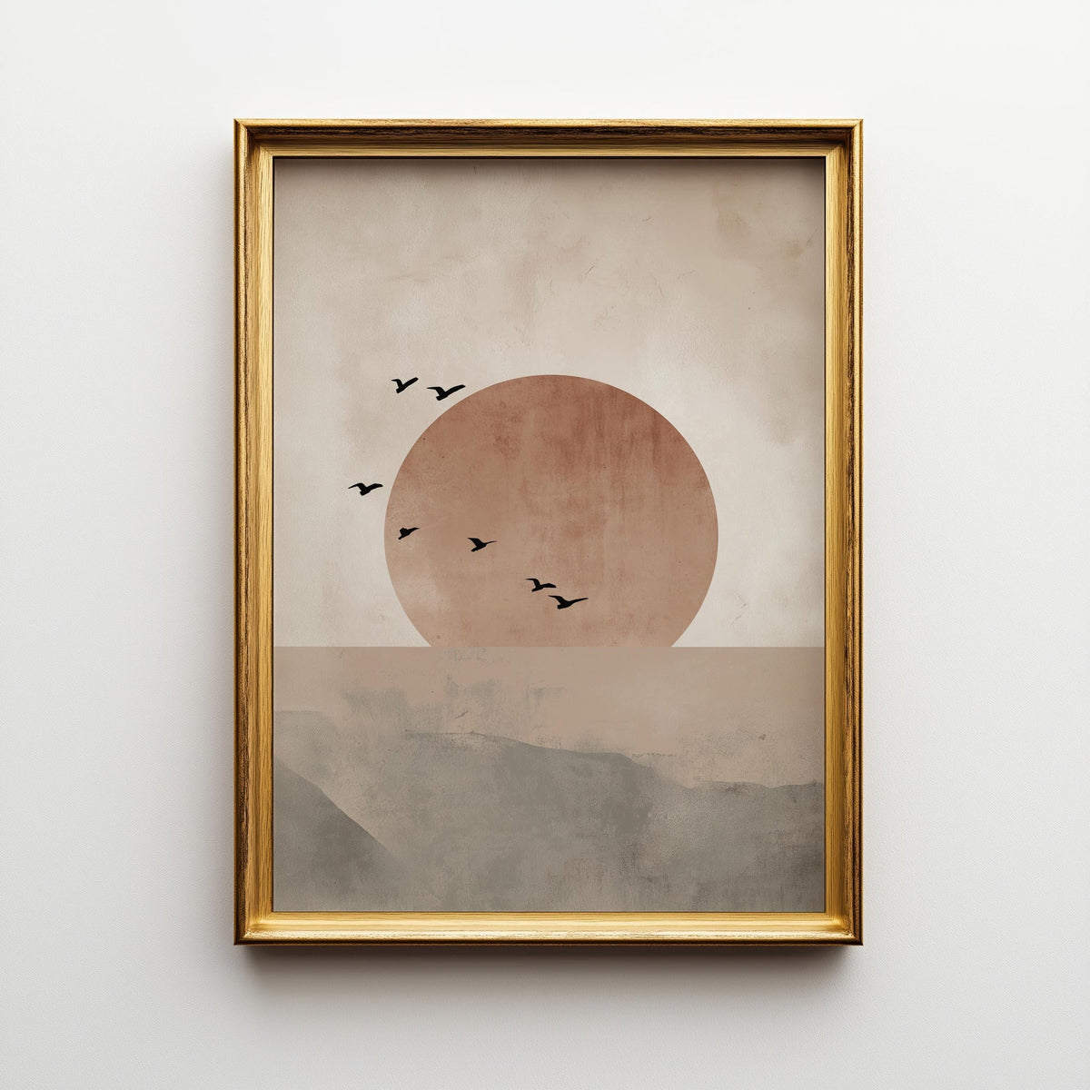Minimalist Sun and Birds Wall Art, Neutral Abstract Landscape Print, Boho Japandi Wall Decor, Calm Nature Poster by The Wa...