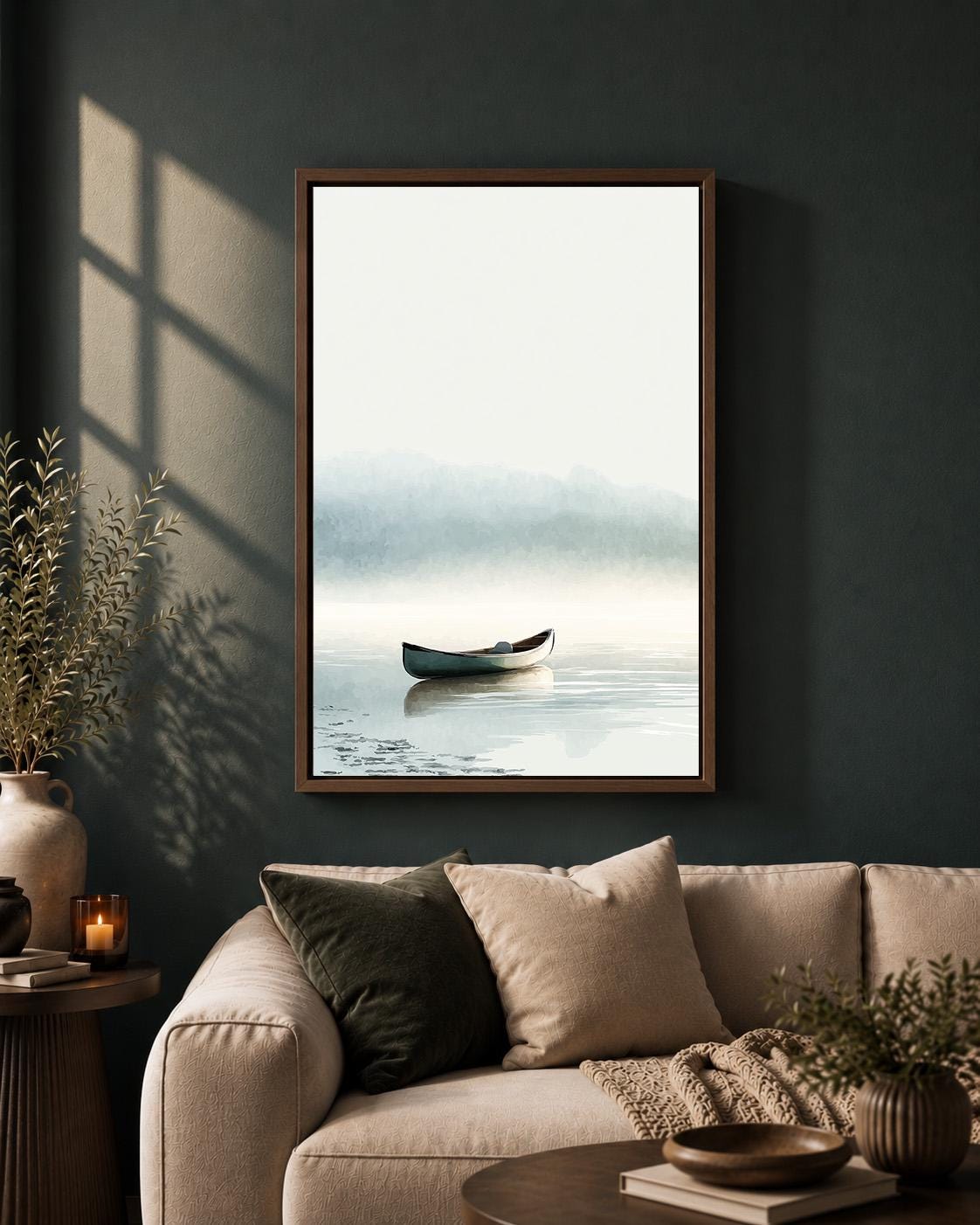 Misty Lake Canoe Framed Canvas Art, Calm Coastal Landscape Wall Decor by The Wall Art Studio - physical