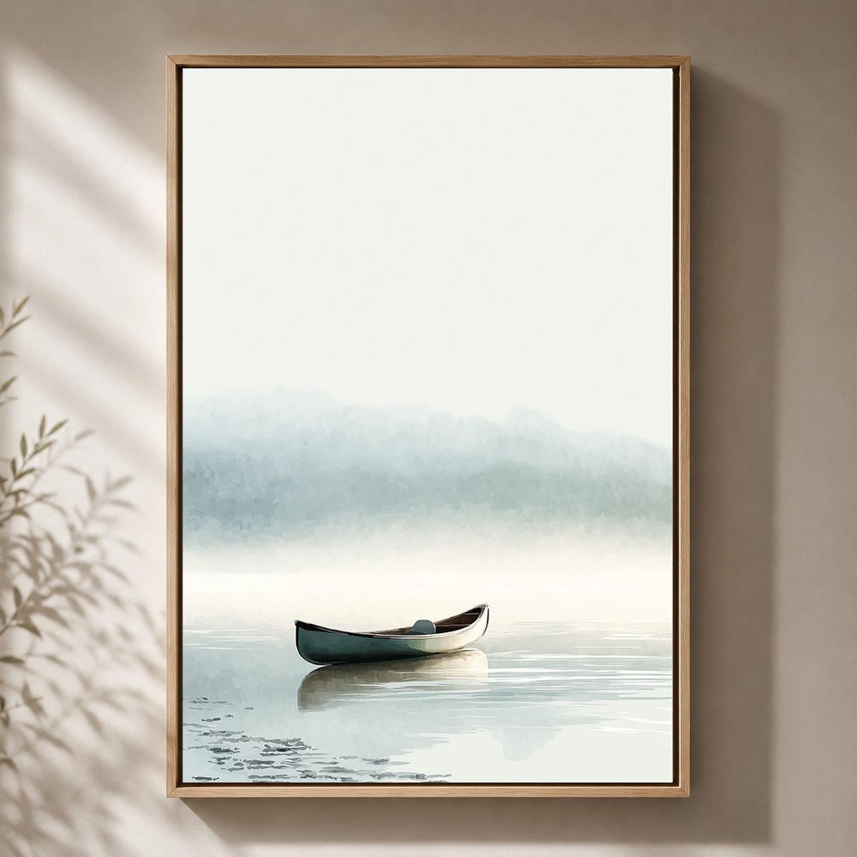Misty Lake Canoe Framed Canvas Art, Calm Coastal Landscape Wall Decor by The Wall Art Studio - physical