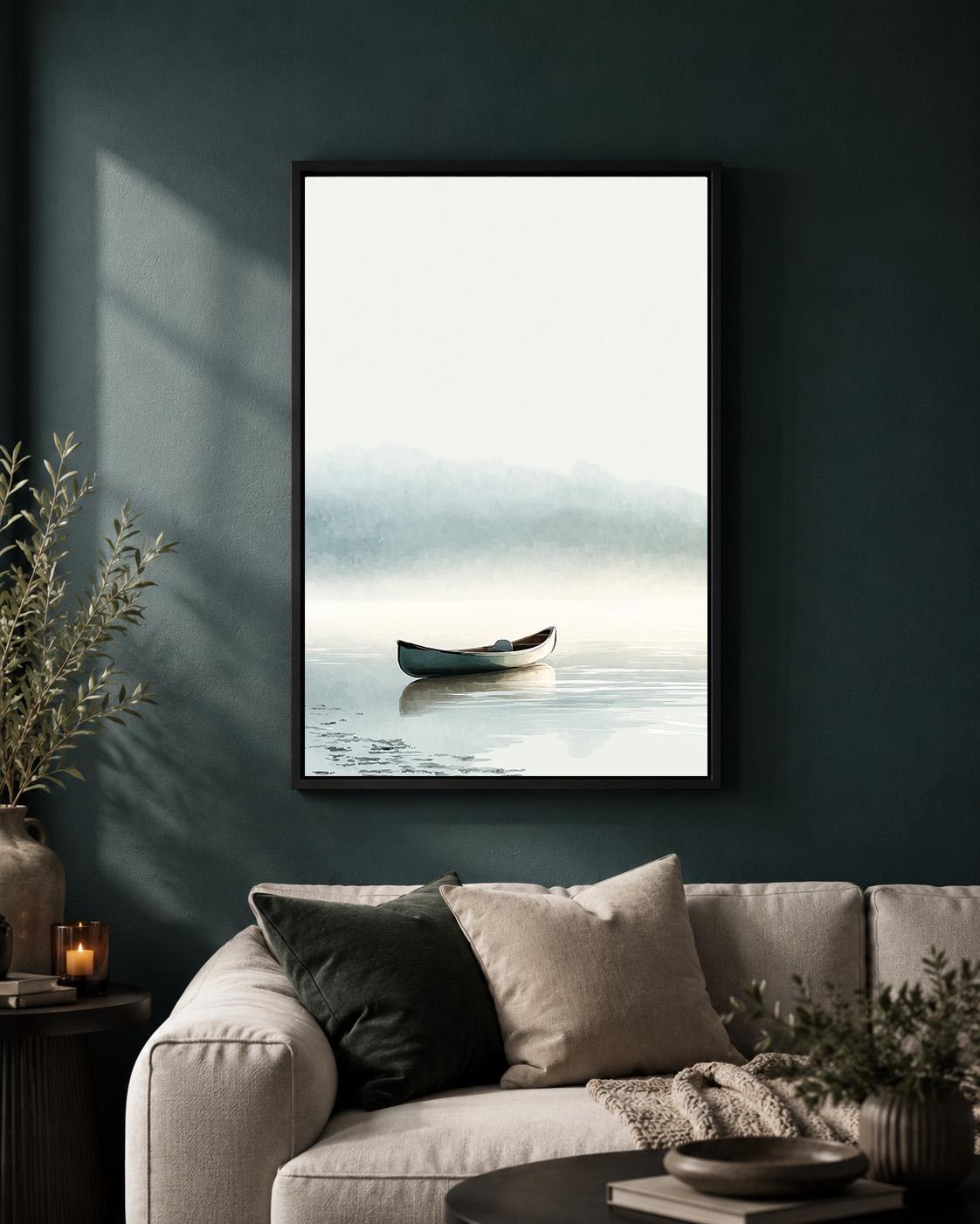 Misty Lake Canoe Framed Canvas Art, Calm Coastal Landscape Wall Decor by The Wall Art Studio - physical
