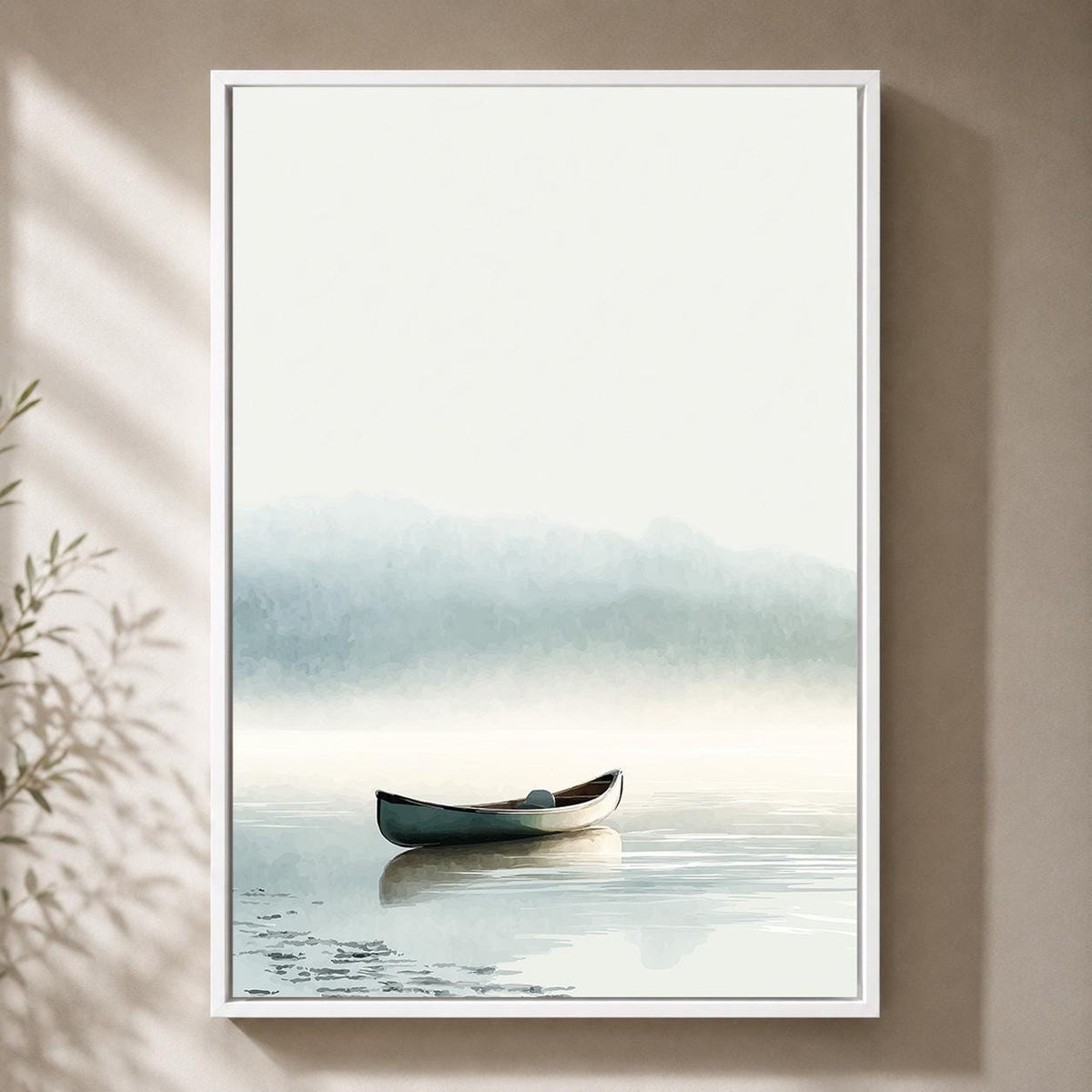 Misty Lake Canoe Framed Canvas Art, Calm Coastal Landscape Wall Decor by The Wall Art Studio - physical