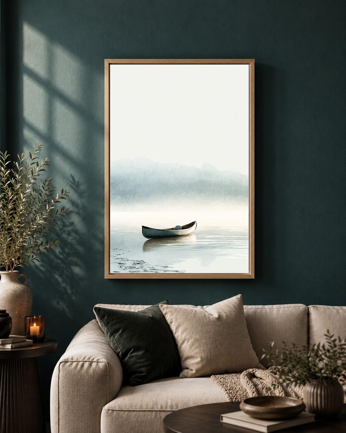 Misty Lake Canoe Framed Canvas Art, Calm Coastal Landscape Wall Decor by The Wall Art Studio - physical
