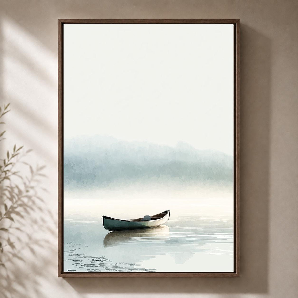 Misty Lake Canoe Framed Canvas Art, Calm Coastal Landscape Wall Decor by The Wall Art Studio - physical