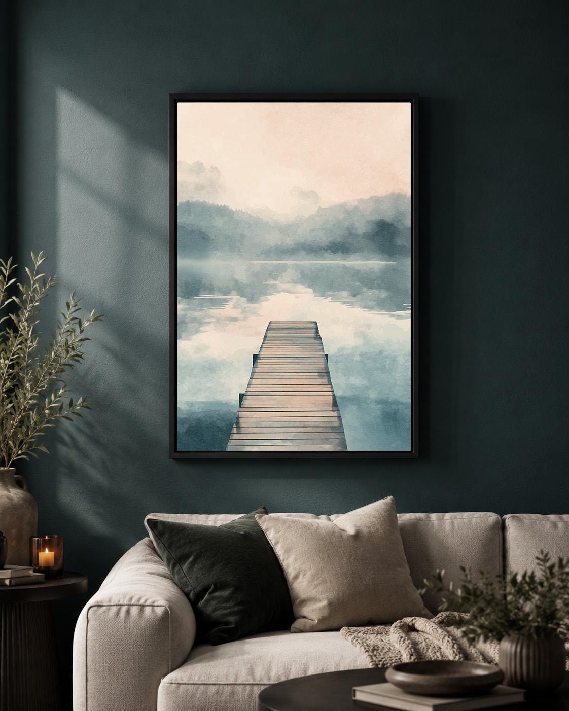 Misty Lake Framed Canvas Art, Serene Landscape Print, Minimal Neutral Lakehouse Decor by The Wall Art Studio - physical