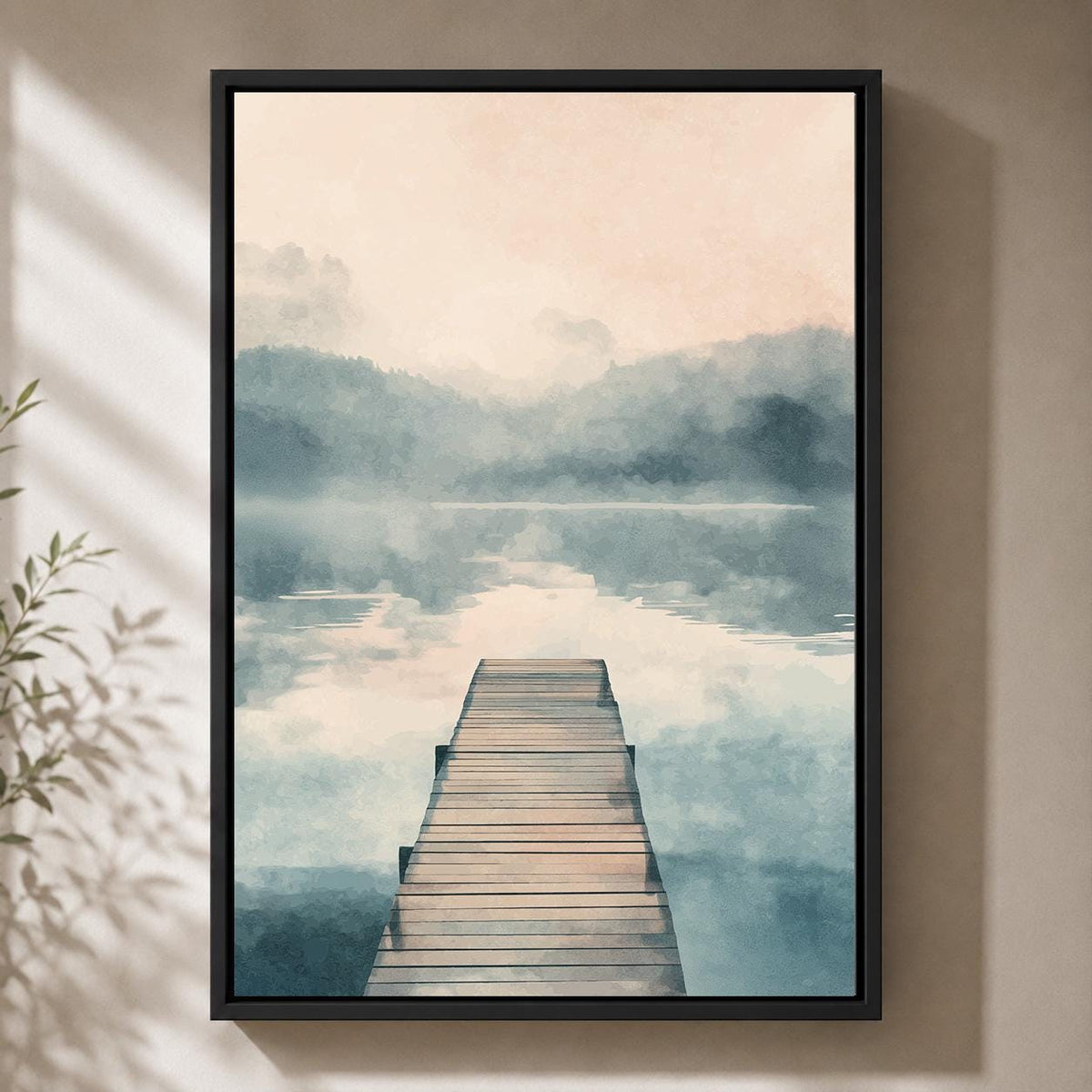 Misty Lake Framed Canvas Art, Serene Landscape Print, Minimal Neutral Lakehouse Decor by The Wall Art Studio - physical