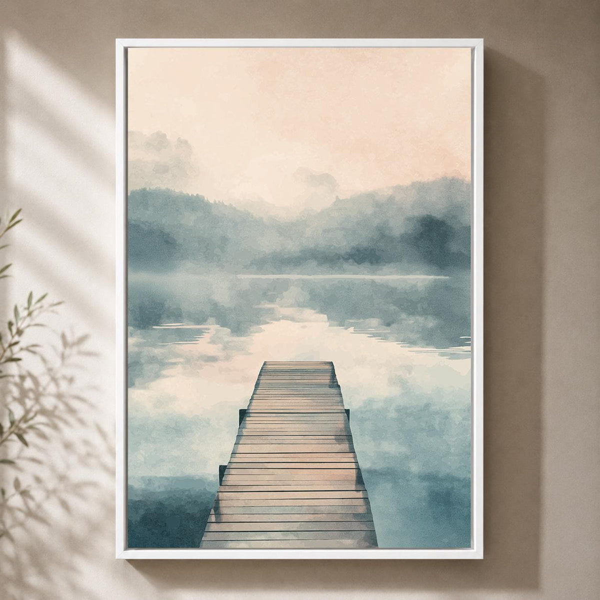 Misty Lake Framed Canvas Art, Serene Landscape Print, Minimal Neutral Lakehouse Decor by The Wall Art Studio - physical