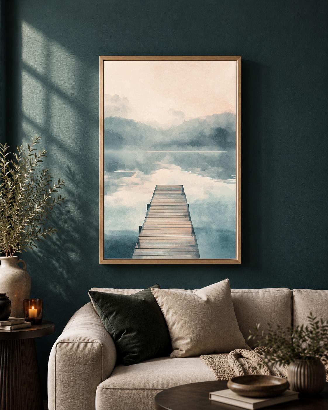 Misty Lake Framed Canvas Art, Serene Landscape Print, Minimal Neutral Lakehouse Decor by The Wall Art Studio - physical