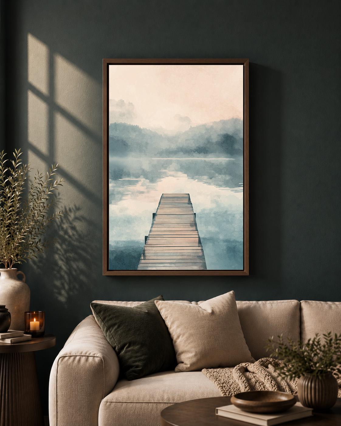 Misty Lake Framed Canvas Art, Serene Landscape Print, Minimal Neutral Lakehouse Decor by The Wall Art Studio - physical