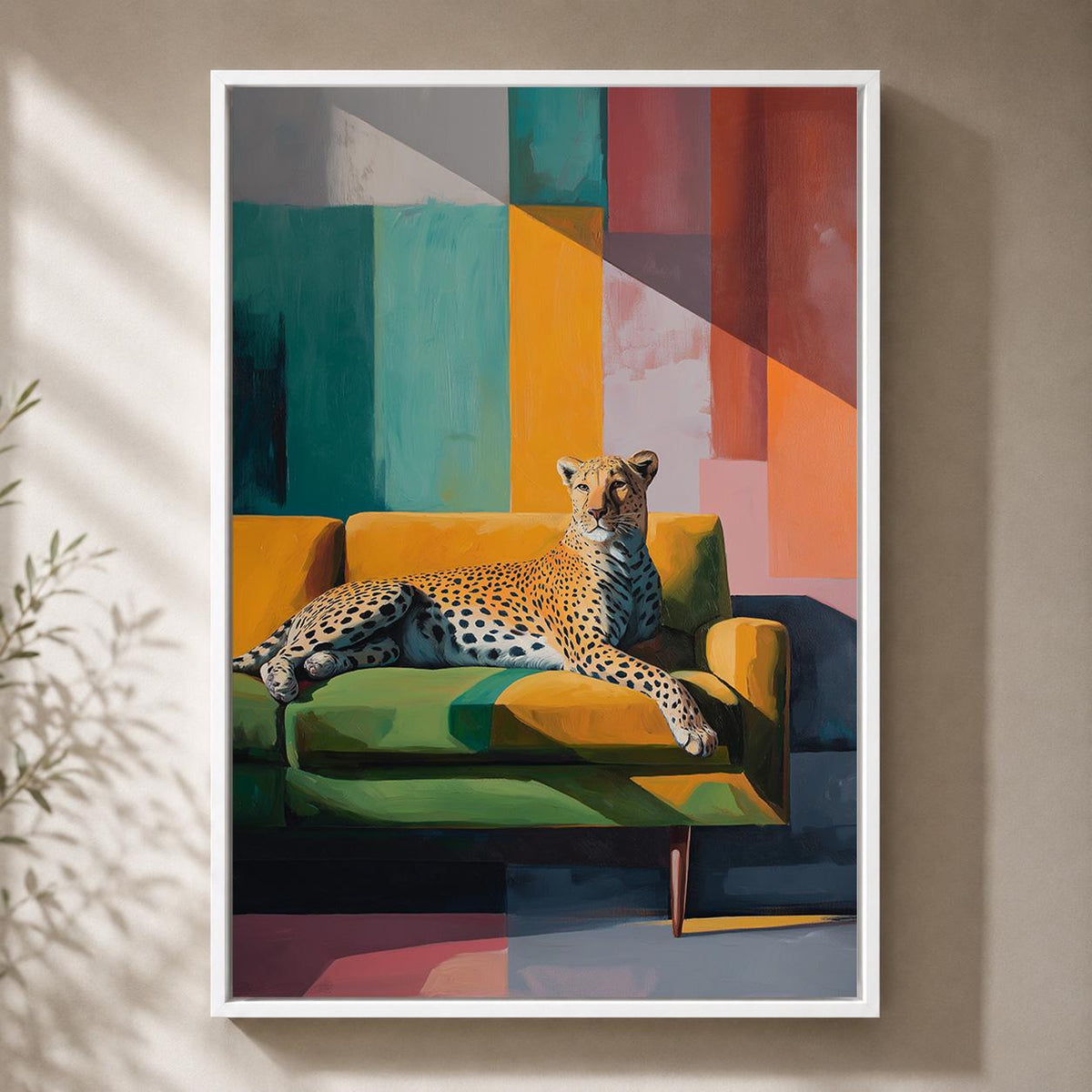 Modern Cheetah Framed Canvas Art, Colorful Abstract Leopard Print, Mid Century Safari Decor by The Wall Art Studio - physical