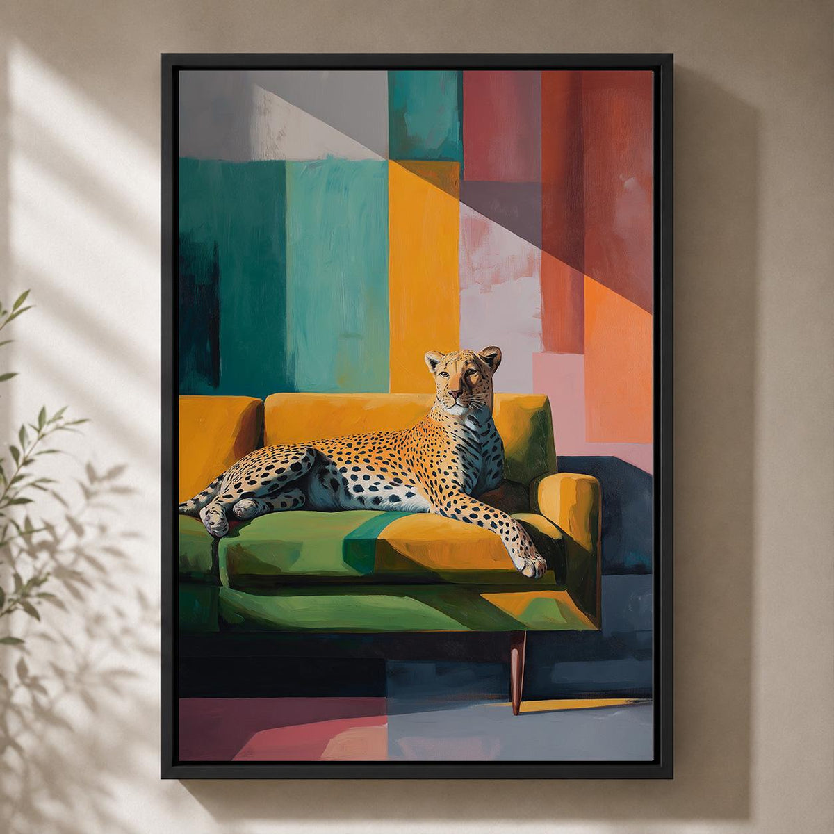 Modern Cheetah Framed Canvas Art, Colorful Abstract Leopard Print, Mid Century Safari Decor by The Wall Art Studio - physical