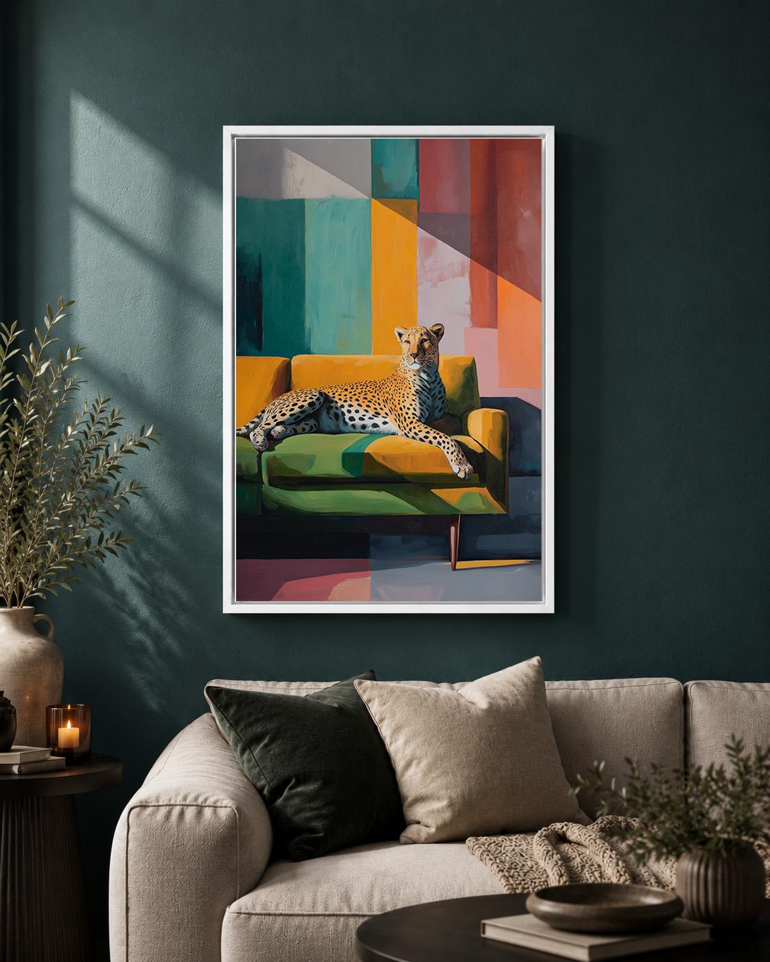 Modern Cheetah Framed Canvas Art, Colorful Abstract Leopard Print, Mid Century Safari Decor by The Wall Art Studio - physical