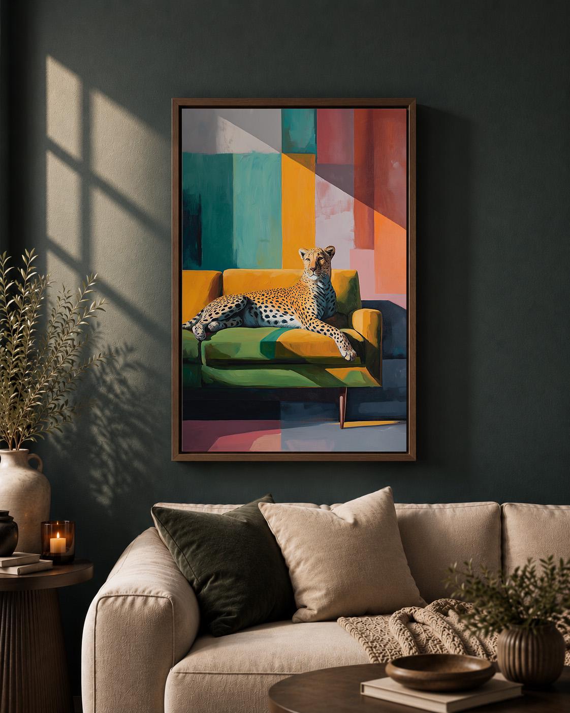Modern Cheetah Framed Canvas Art, Colorful Abstract Leopard Print, Mid Century Safari Decor by The Wall Art Studio - physical