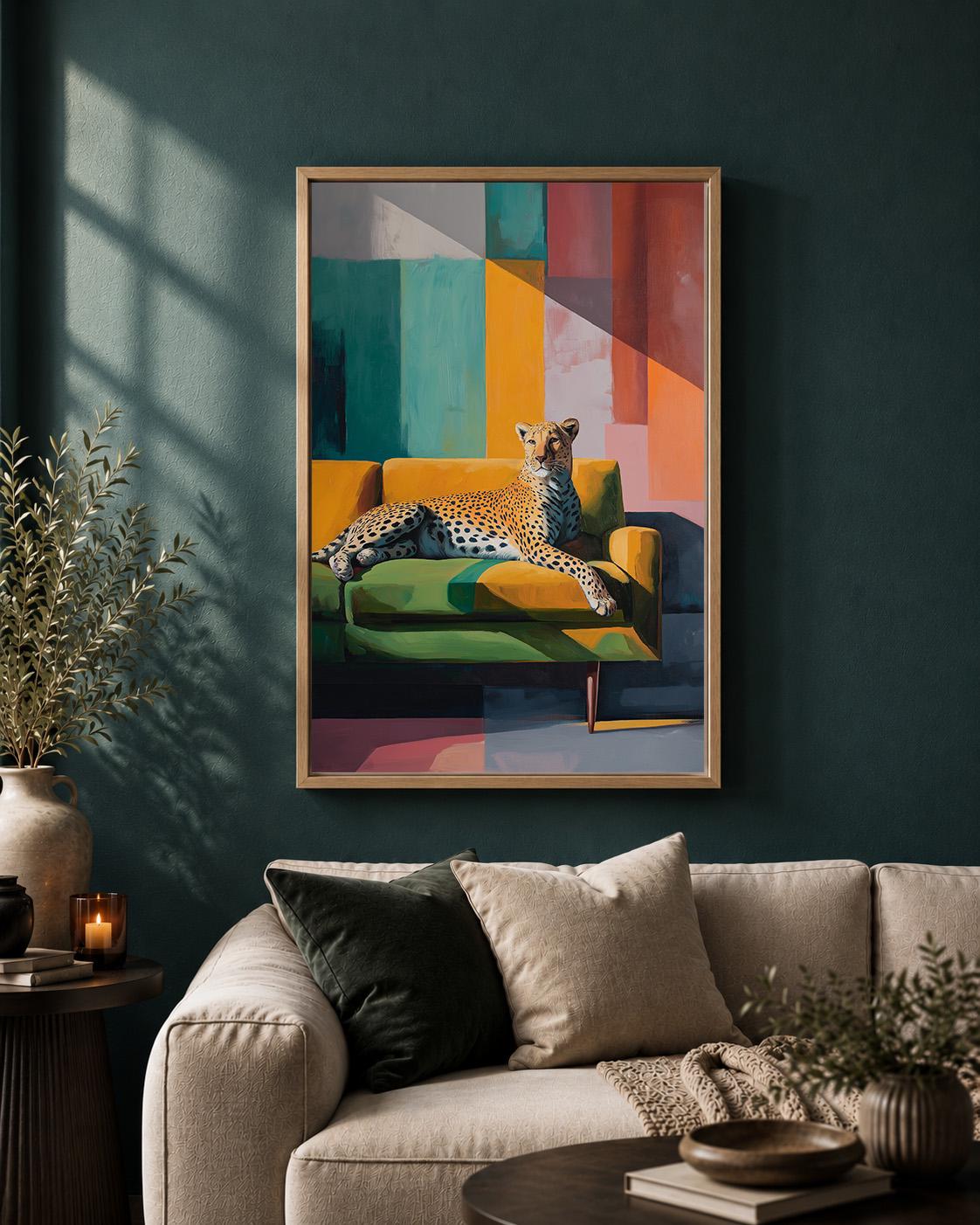 Modern Cheetah Framed Canvas Art, Colorful Abstract Leopard Print, Mid Century Safari Decor by The Wall Art Studio - physical