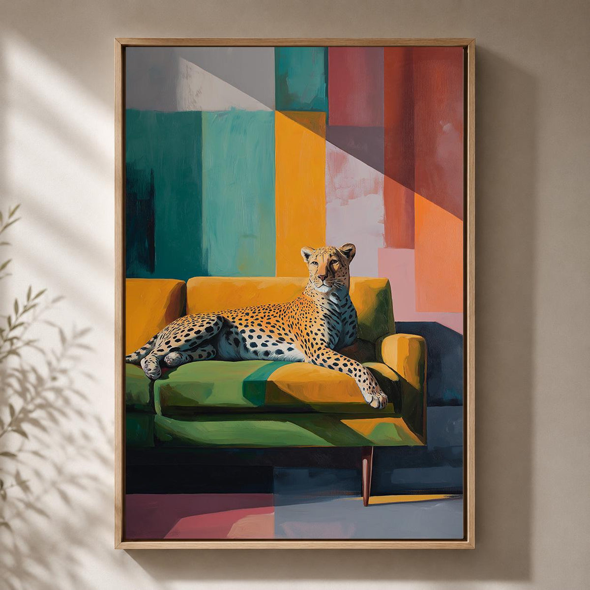 Modern Cheetah Framed Canvas Art, Colorful Abstract Leopard Print, Mid Century Safari Decor by The Wall Art Studio - physical