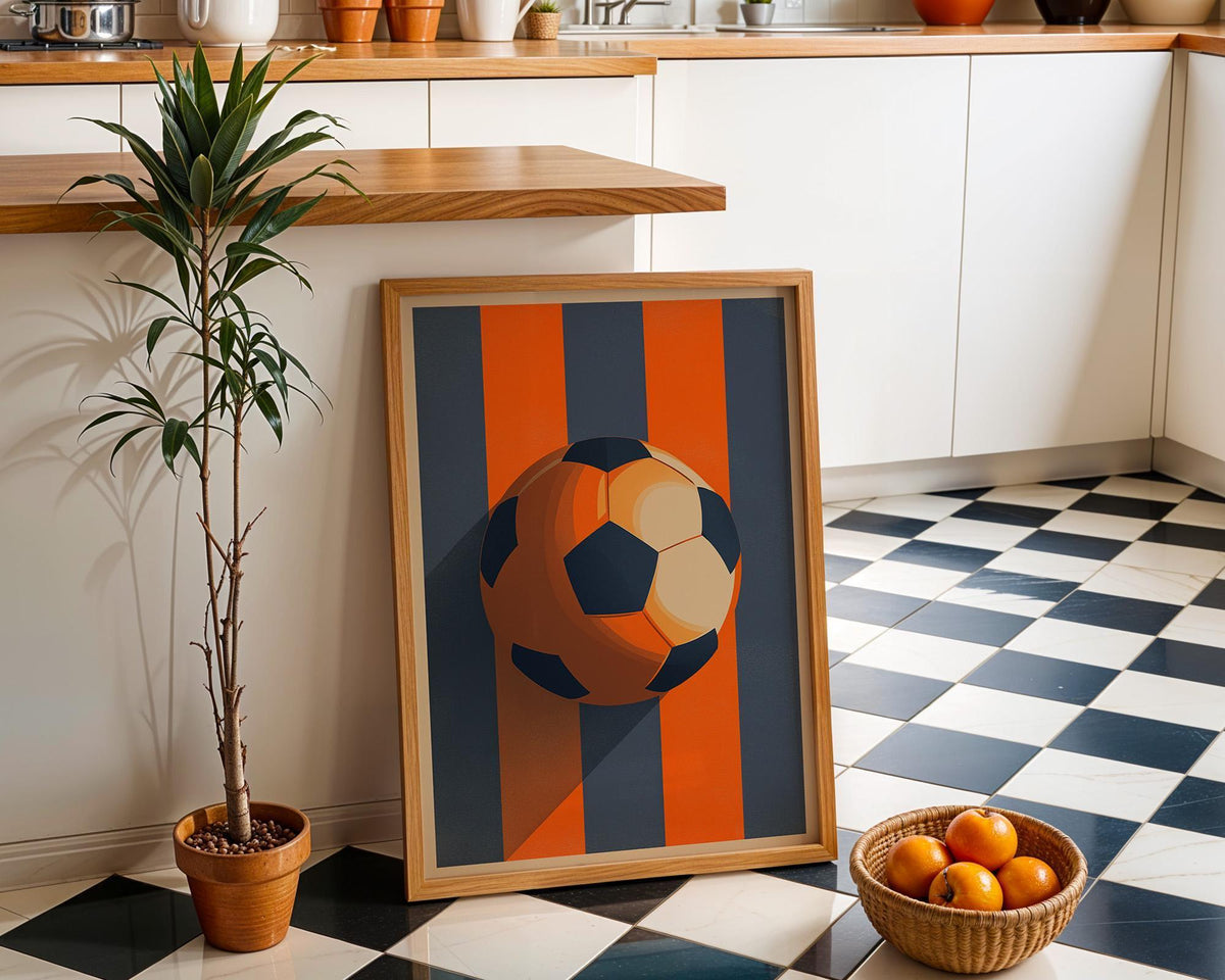 Modern Soccer Ball Print, Orange Navy Sports Decor, Teen Boys Room Art (Framed Option) by The Wall Art Studio - physical