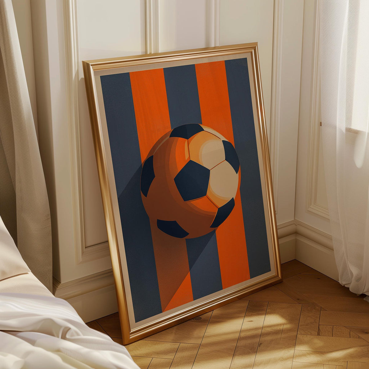 Modern Soccer Ball Print, Orange Navy Sports Decor, Teen Boys Room Art (Framed Option) by The Wall Art Studio - physical
