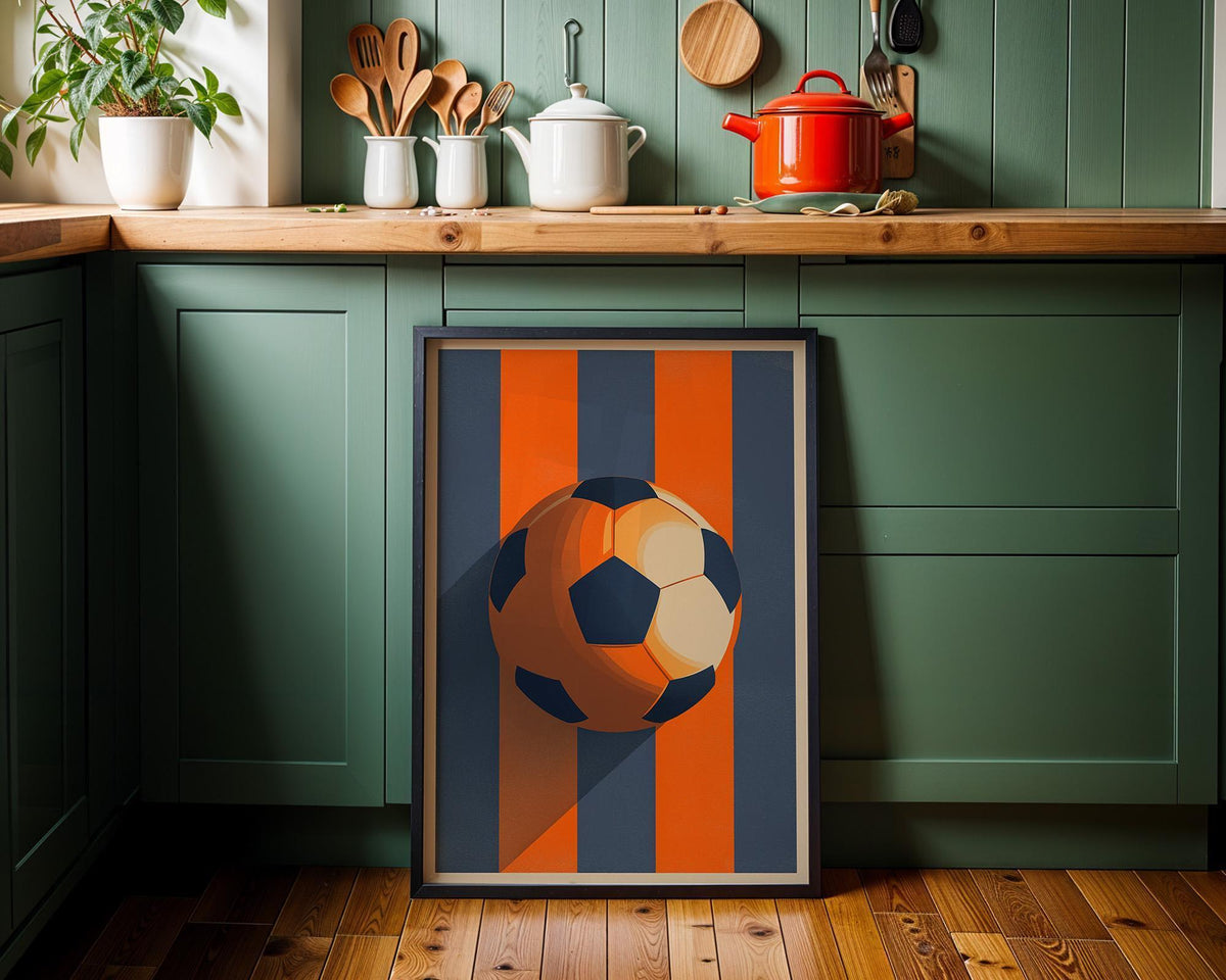Modern Soccer Ball Print, Orange Navy Sports Decor, Teen Boys Room Art (Framed Option) by The Wall Art Studio - physical