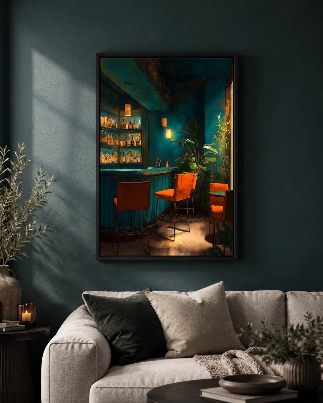 Moody Cocktail Bar Framed Canvas Art, Dark Teal Lounge Decor, Speakeasy Print, Modern Artwork by The Wall Art Studio - phy...