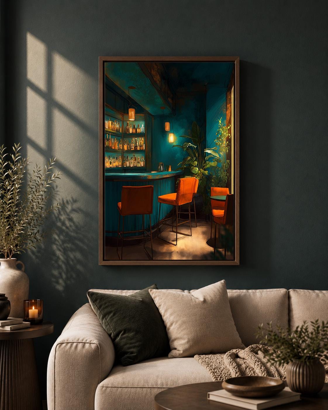 Moody Cocktail Bar Framed Canvas Art, Dark Teal Lounge Decor, Speakeasy Print, Modern Artwork by The Wall Art Studio - phy...