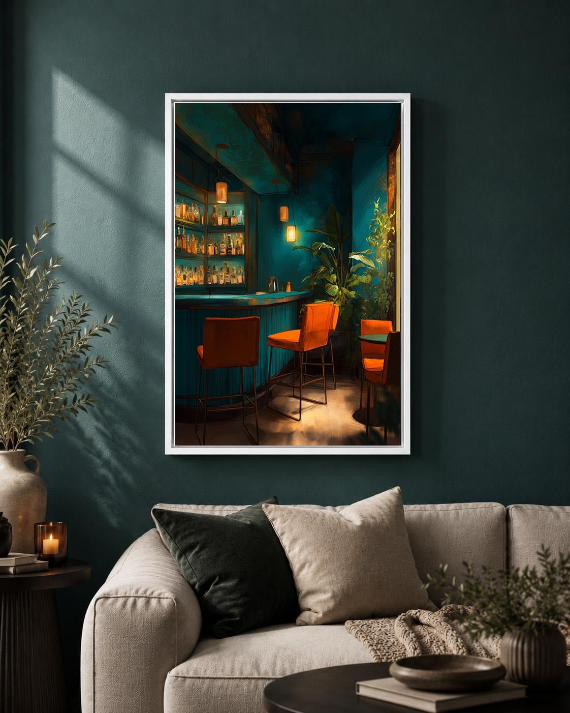Moody Cocktail Bar Framed Canvas Art, Dark Teal Lounge Decor, Speakeasy Print, Modern Artwork by The Wall Art Studio - phy...