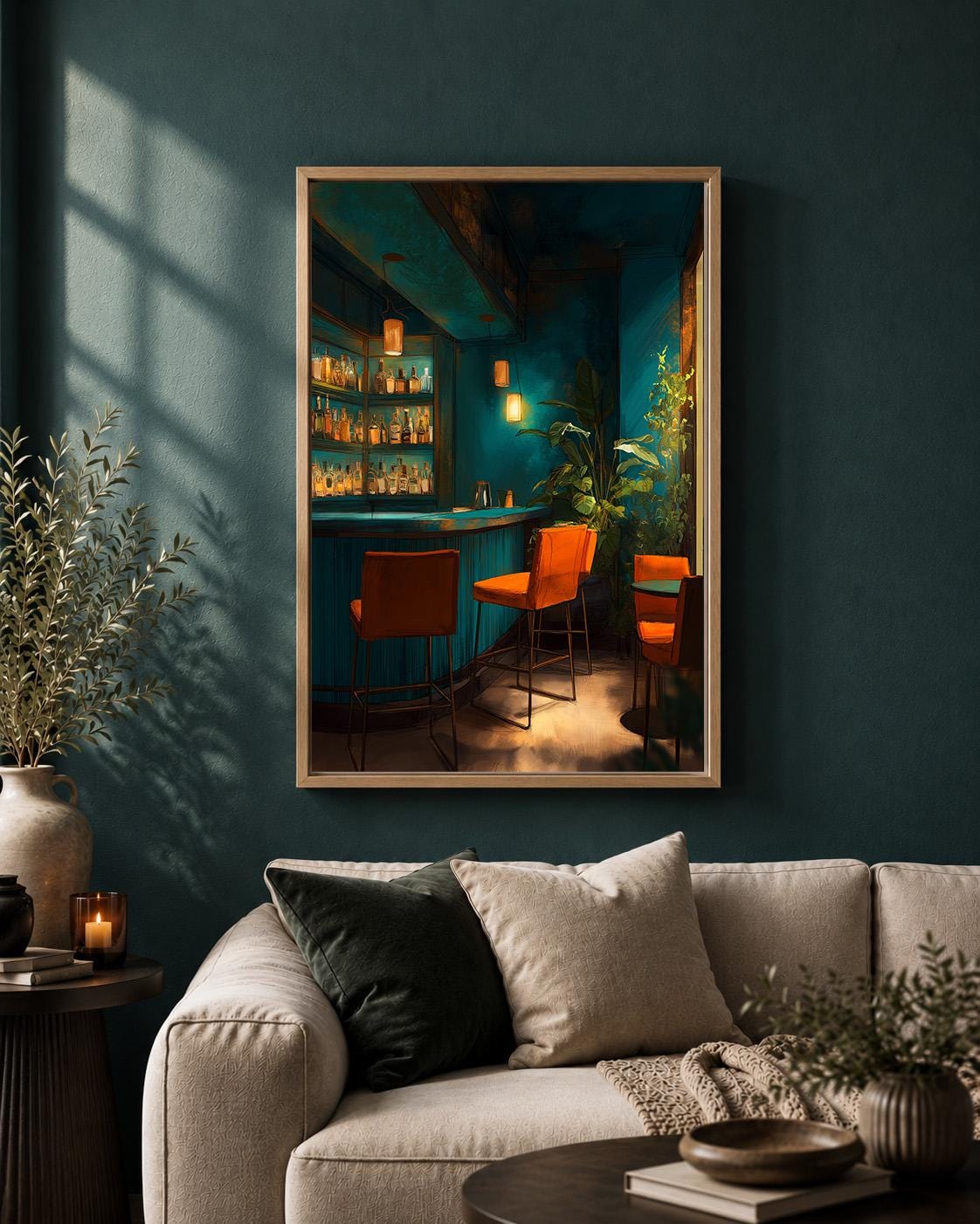 Moody Cocktail Bar Framed Canvas Art, Dark Teal Lounge Decor, Speakeasy Print, Modern Artwork by The Wall Art Studio - phy...