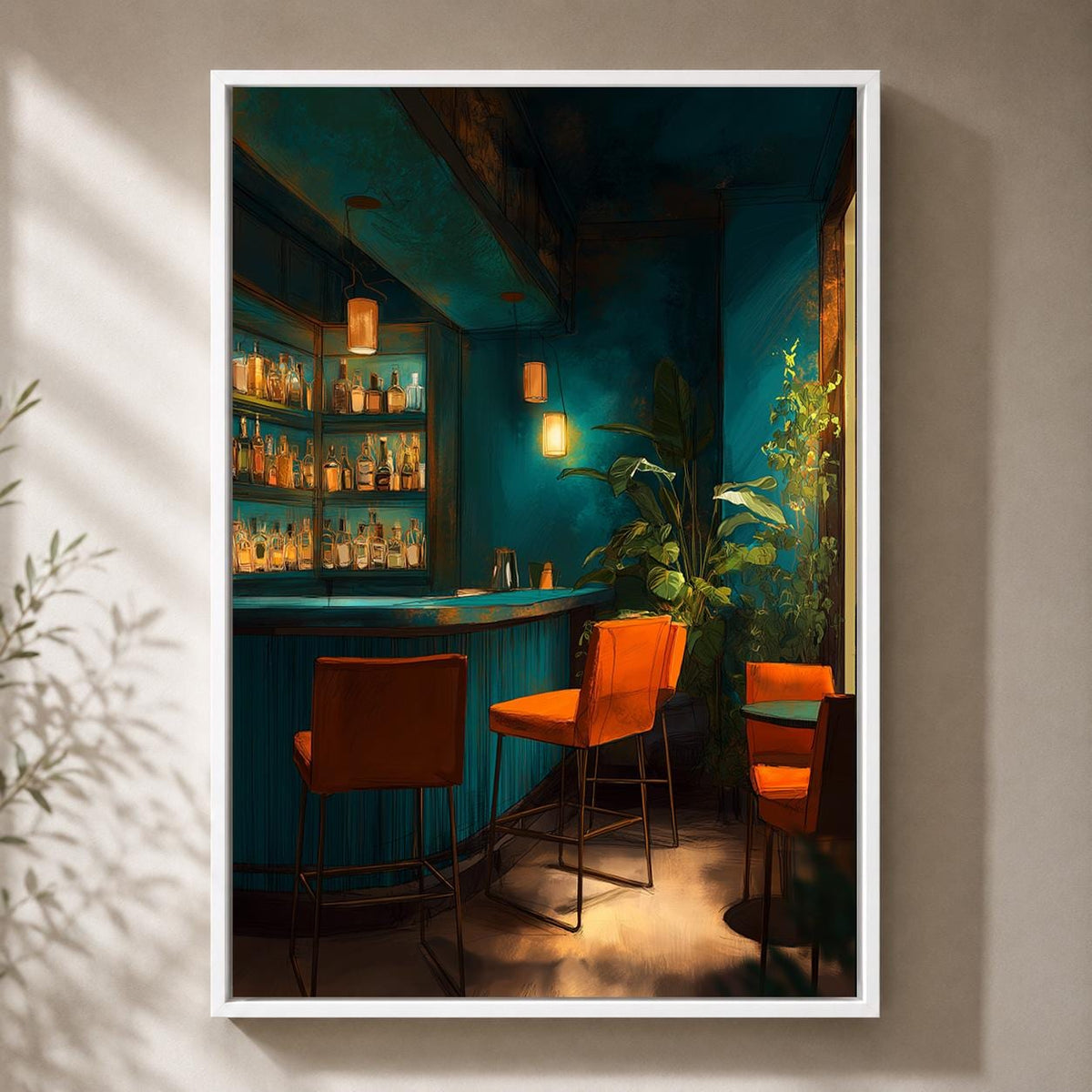 Moody Cocktail Bar Framed Canvas Art, Dark Teal Lounge Decor, Speakeasy Print, Modern Artwork by The Wall Art Studio - phy...