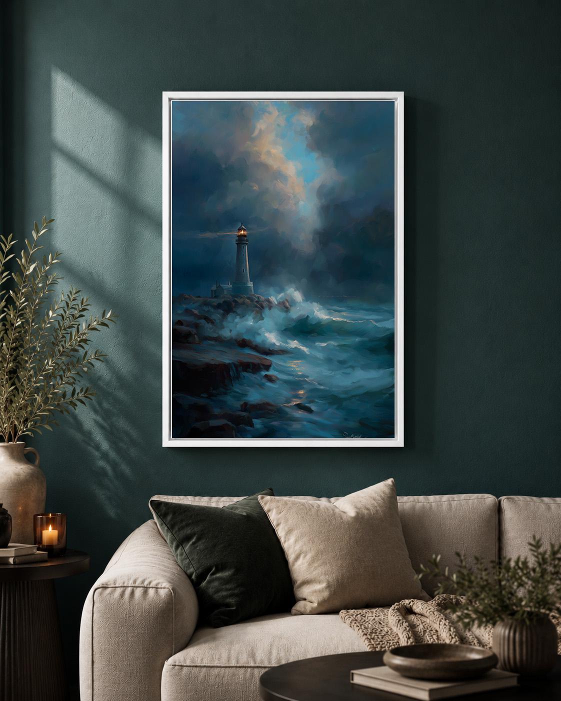 Moody Lighthouse Seascape Framed Canvas Print, Stormy Ocean Wall Art, Coastal Nautical Decor by The Wall Art Studio - phys...
