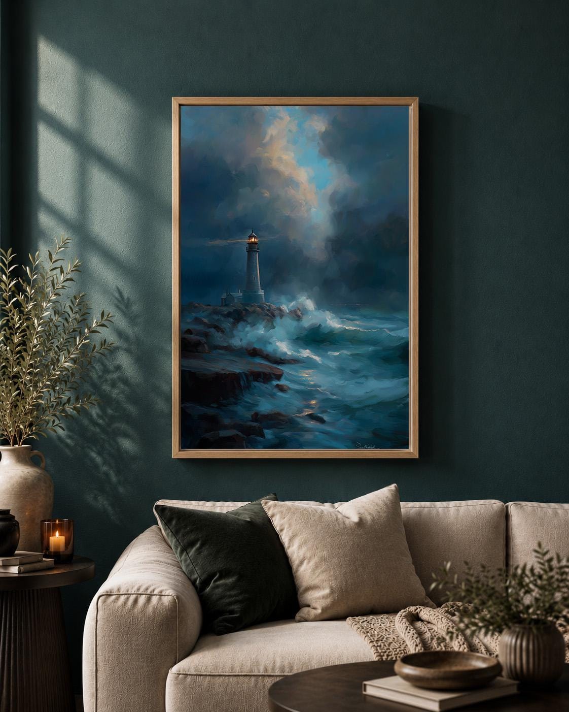 Moody Lighthouse Seascape Framed Canvas Print, Stormy Ocean Wall Art, Coastal Nautical Decor by The Wall Art Studio - phys...