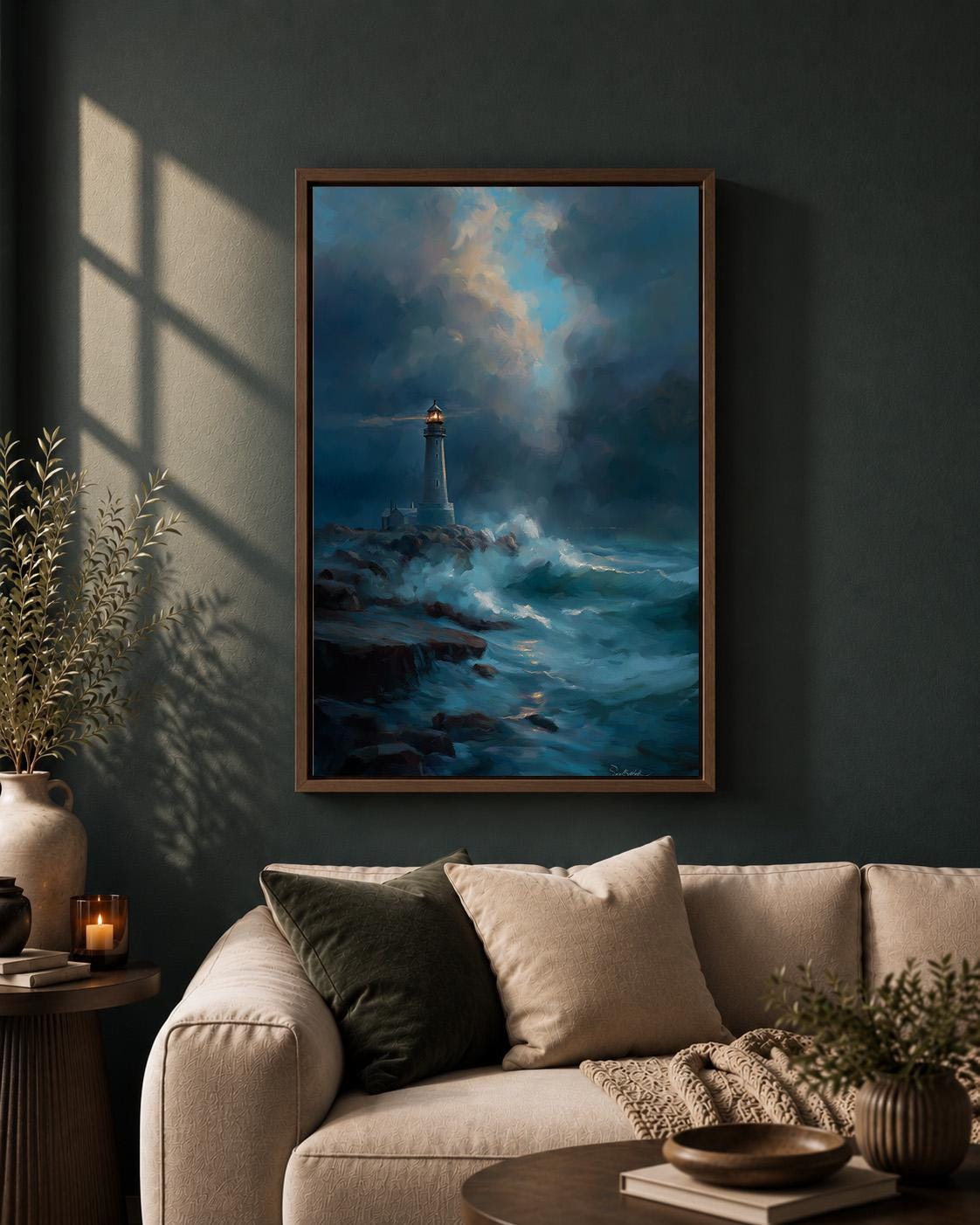 Moody Lighthouse Seascape Framed Canvas Print, Stormy Ocean Wall Art, Coastal Nautical Decor by The Wall Art Studio - phys...
