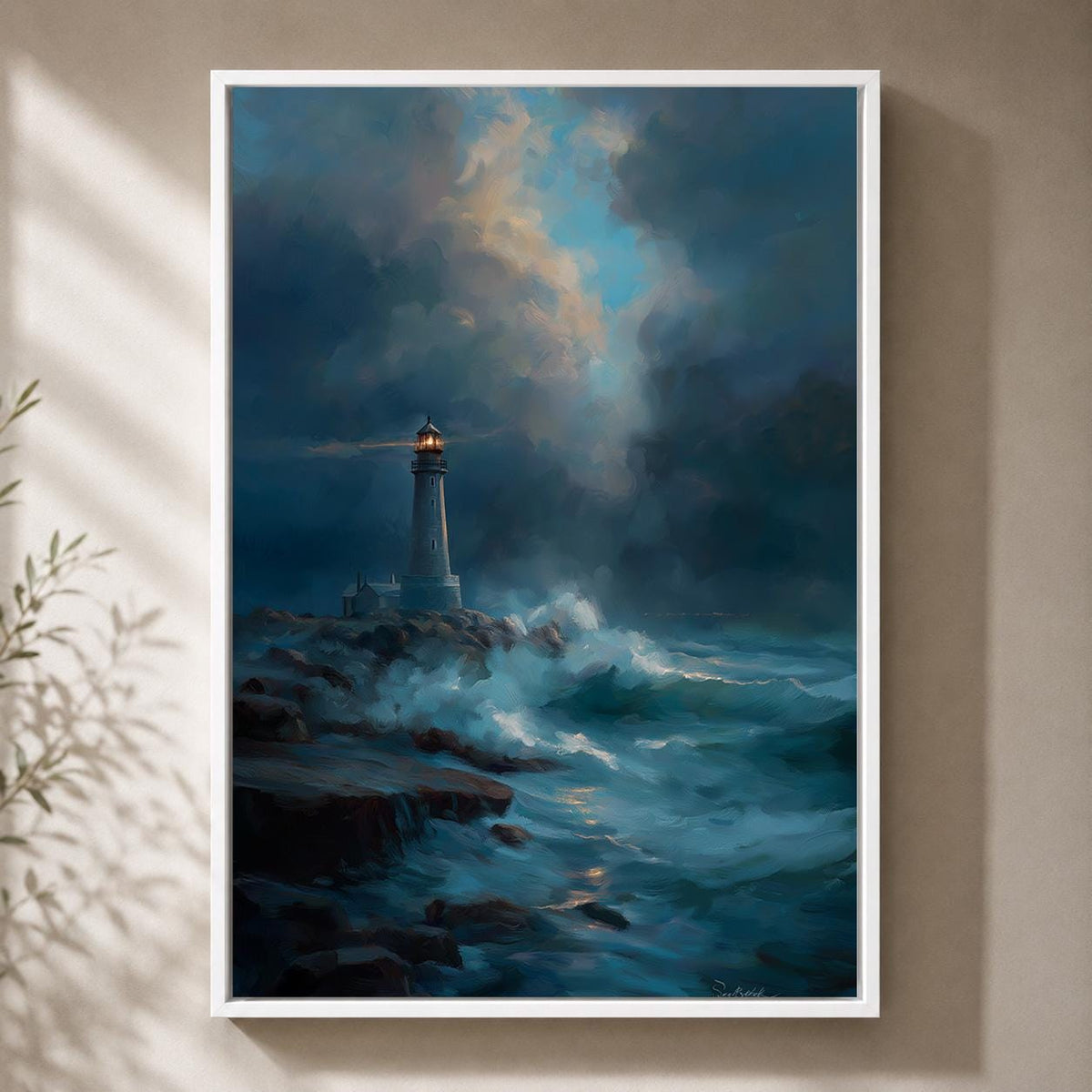 Moody Lighthouse Seascape Framed Canvas Print, Stormy Ocean Wall Art, Coastal Nautical Decor by The Wall Art Studio - phys...