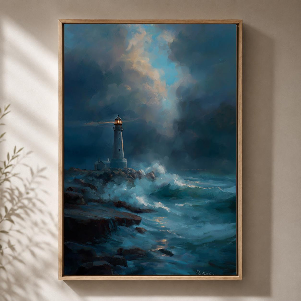 Moody Lighthouse Seascape Framed Canvas Print, Stormy Ocean Wall Art, Coastal Nautical Decor by The Wall Art Studio - phys...