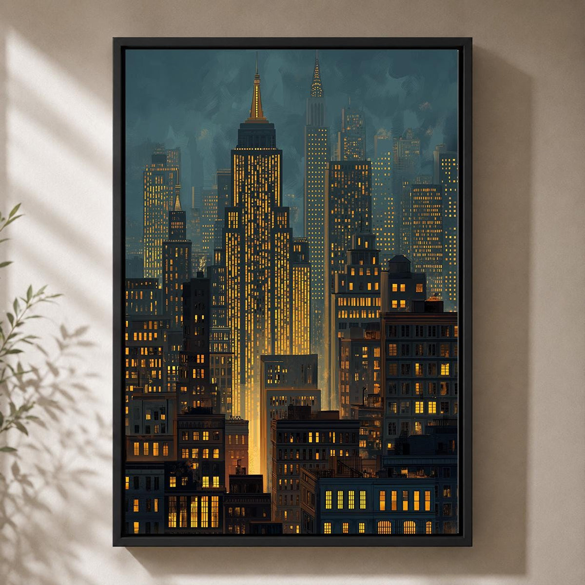 Moody Manhattan Skyline Framed Canvas Art, New York City Nightscape Print, Framed Urban Decor by The Wall Art Studio - phy...