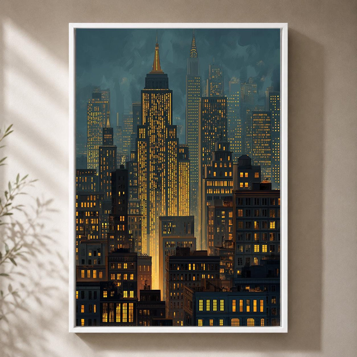 Moody Manhattan Skyline Framed Canvas Art, New York City Nightscape Print, Framed Urban Decor by The Wall Art Studio - phy...