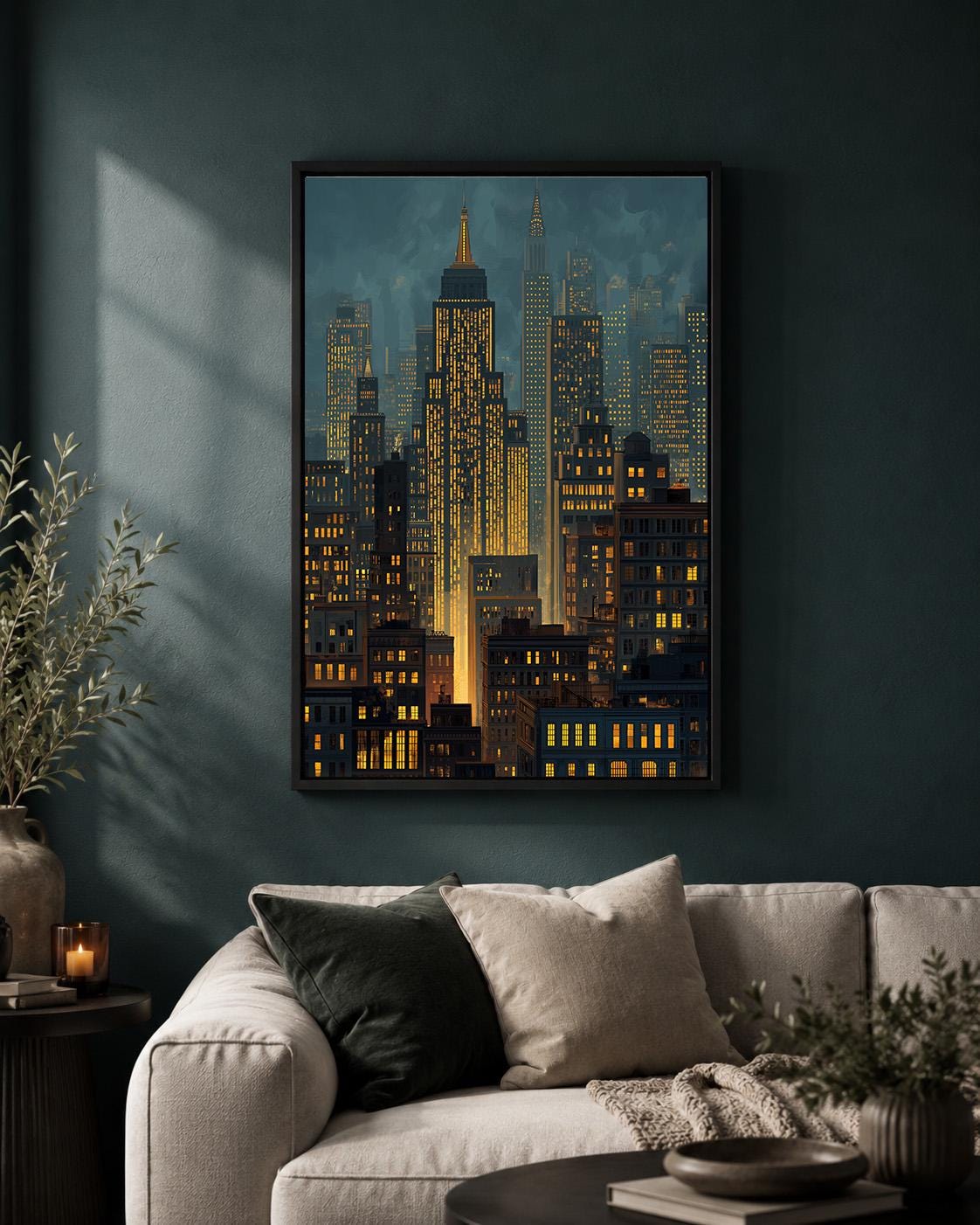 Moody Manhattan Skyline Framed Canvas Art, New York City Nightscape Print, Framed Urban Decor by The Wall Art Studio - phy...