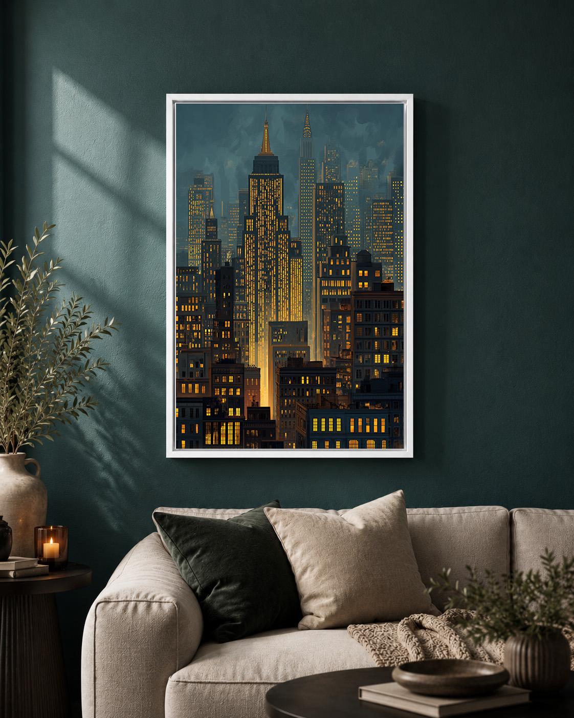 Moody Manhattan Skyline Framed Canvas Art, New York City Nightscape Print, Framed Urban Decor by The Wall Art Studio - phy...