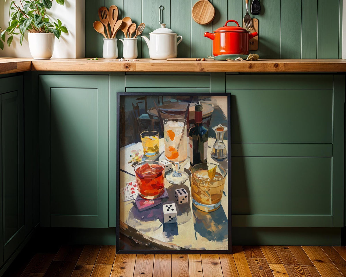 Moody Wine Martini Still Life Wall Art, Playing Cards & Dice, Dark Bar Décor, Luxury Cocktail Print, Games night by The Wa...