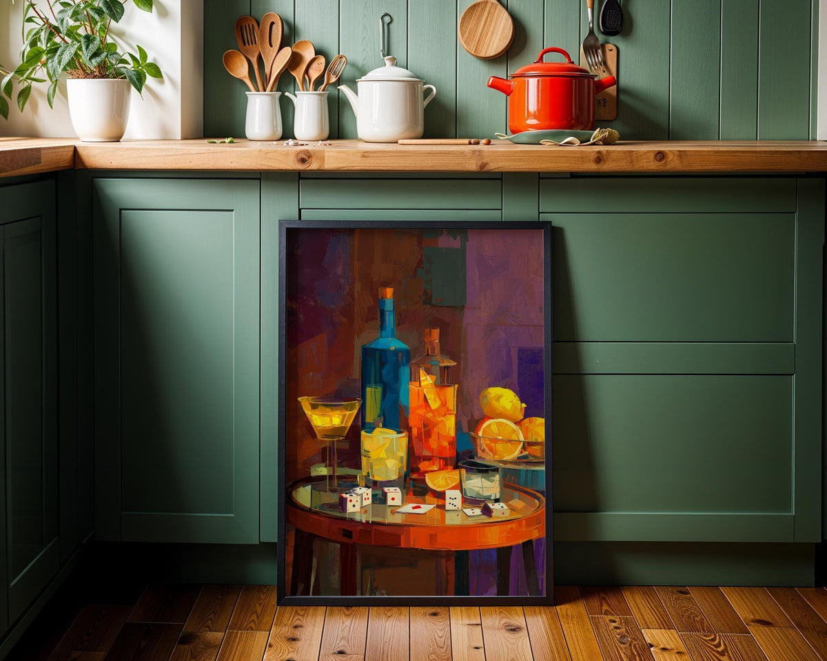 Moody Wine Martini Still Life Wall Art, Playing Cards & Dice, Dark Bar Décor, Luxury Cocktail Print, Games night by The Wa...