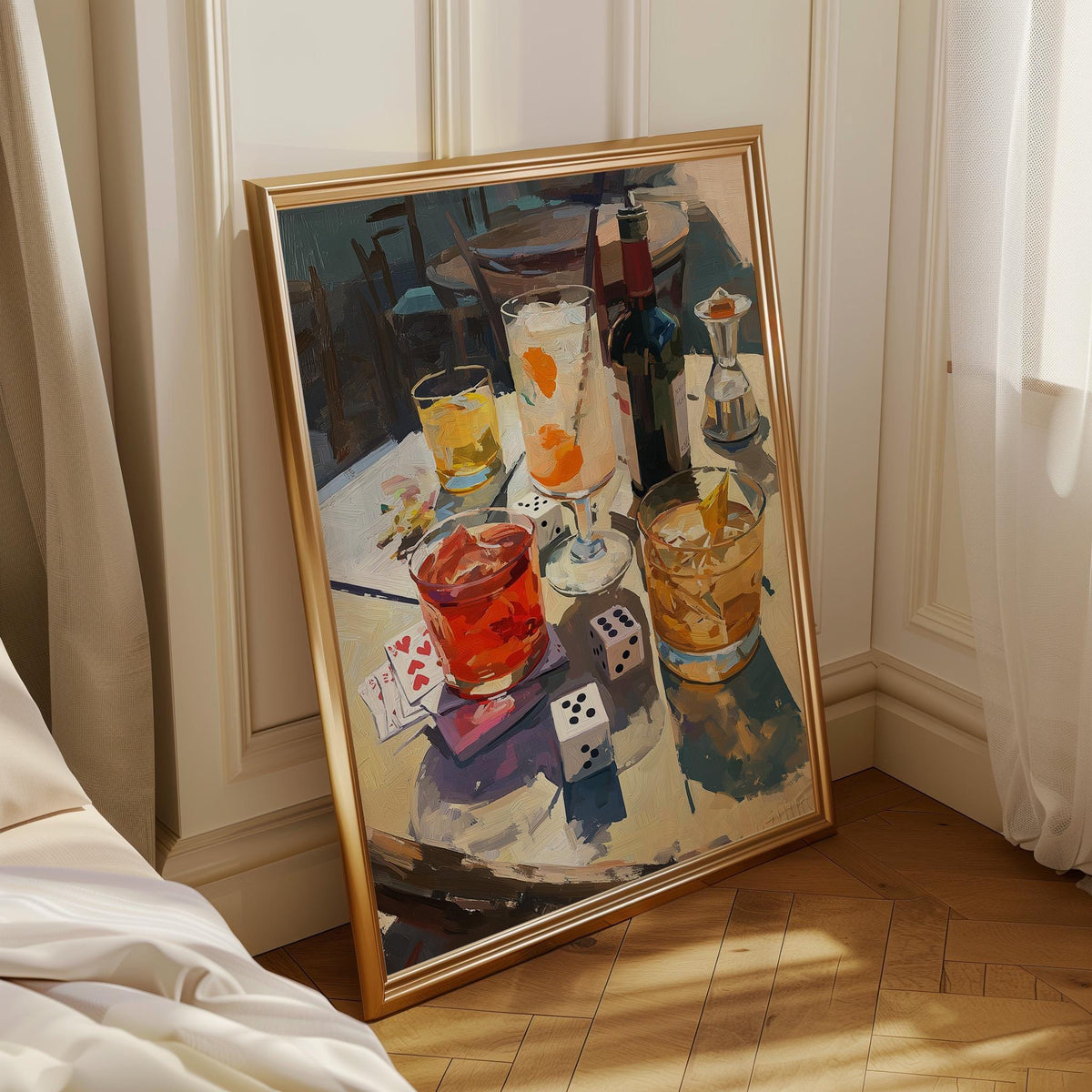 Moody Wine Martini Still Life Wall Art, Playing Cards & Dice, Dark Bar Décor, Luxury Cocktail Print, Games night by The Wa...