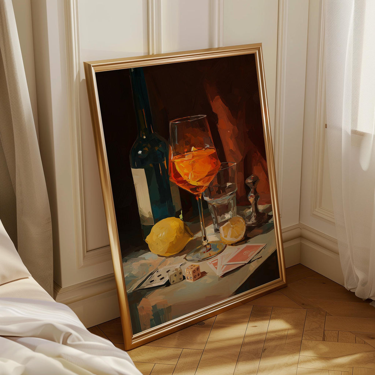 Moody Wine Martini Still Life Wall Art, Playing Cards & Dice, Dark Bar Décor, Luxury Cocktail Print, Games night by The Wa...