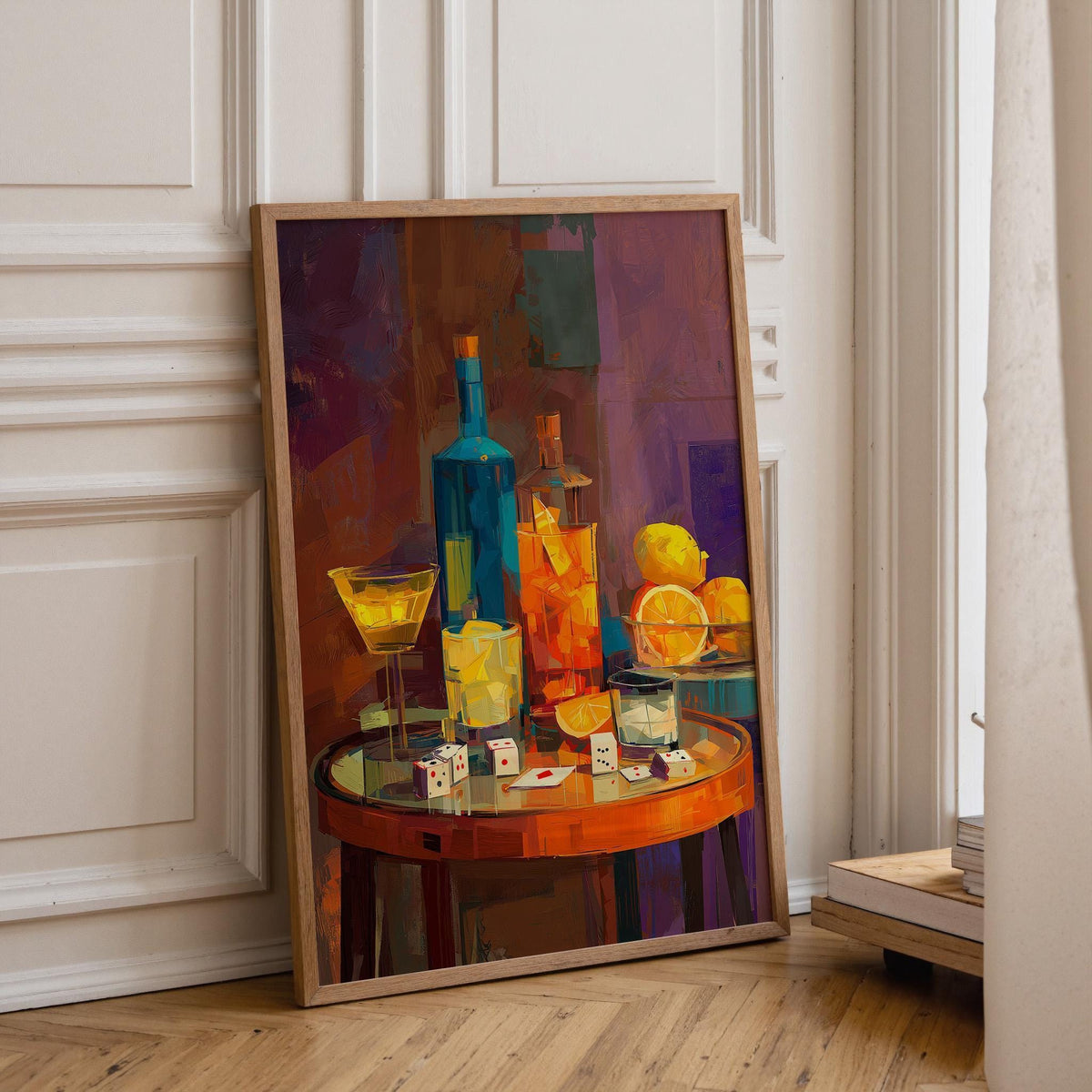 Moody Wine Martini Still Life Wall Art, Playing Cards & Dice, Dark Bar Décor, Luxury Cocktail Print, Games night by The Wa...