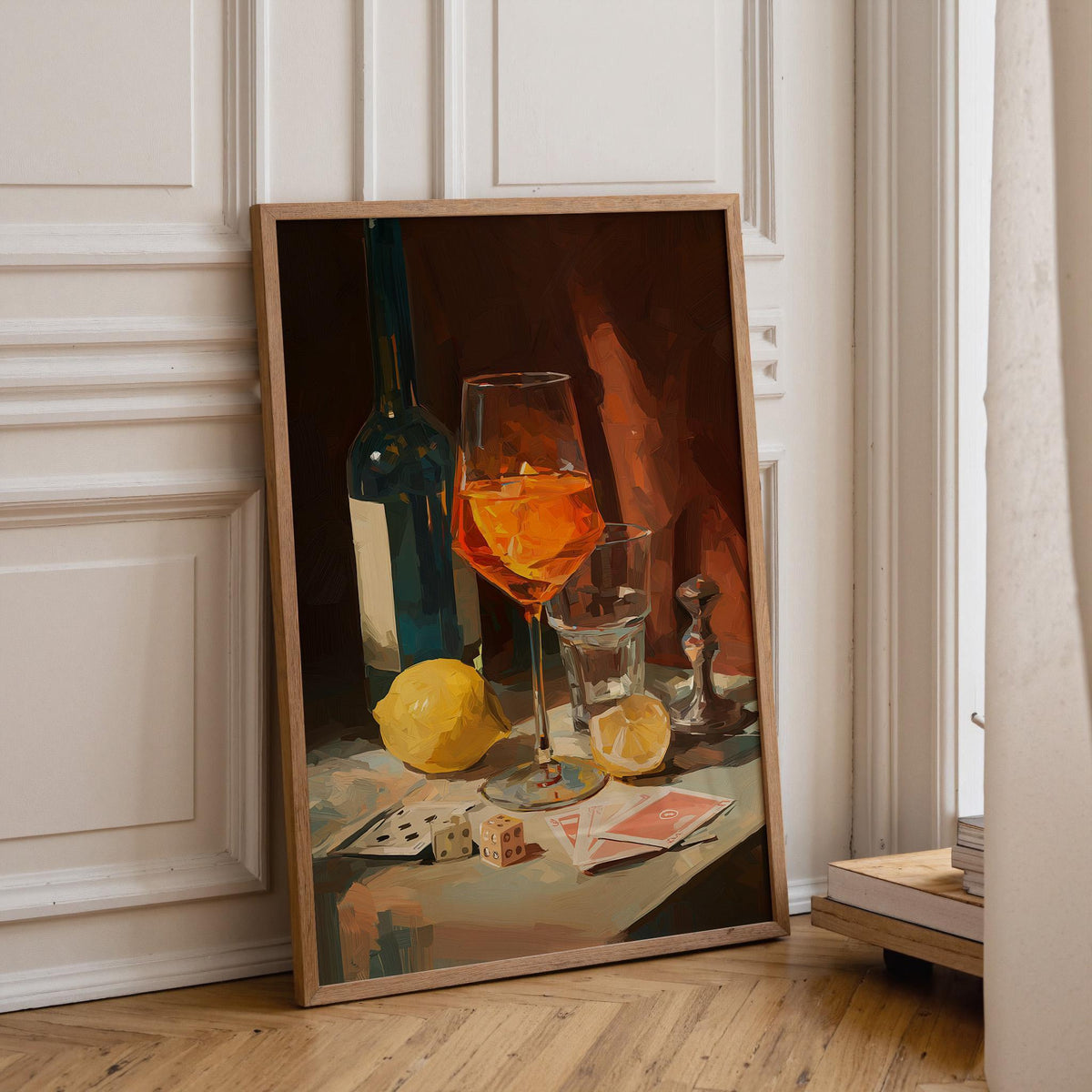 Moody Wine Martini Still Life Wall Art, Playing Cards & Dice, Dark Bar Décor, Luxury Cocktail Print, Games night by The Wa...