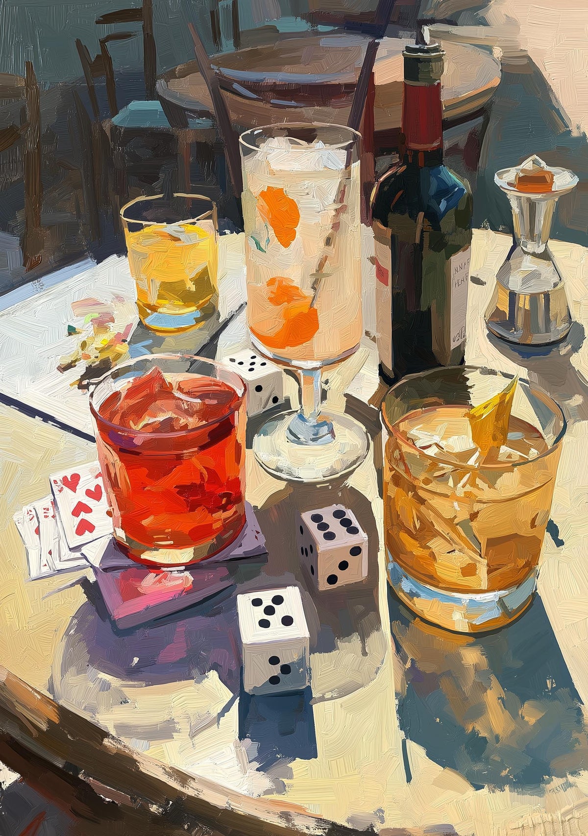 Moody Wine Martini Still Life Wall Art, Playing Cards & Dice, Dark Bar Décor, Luxury Cocktail Print, Games night by The Wa...