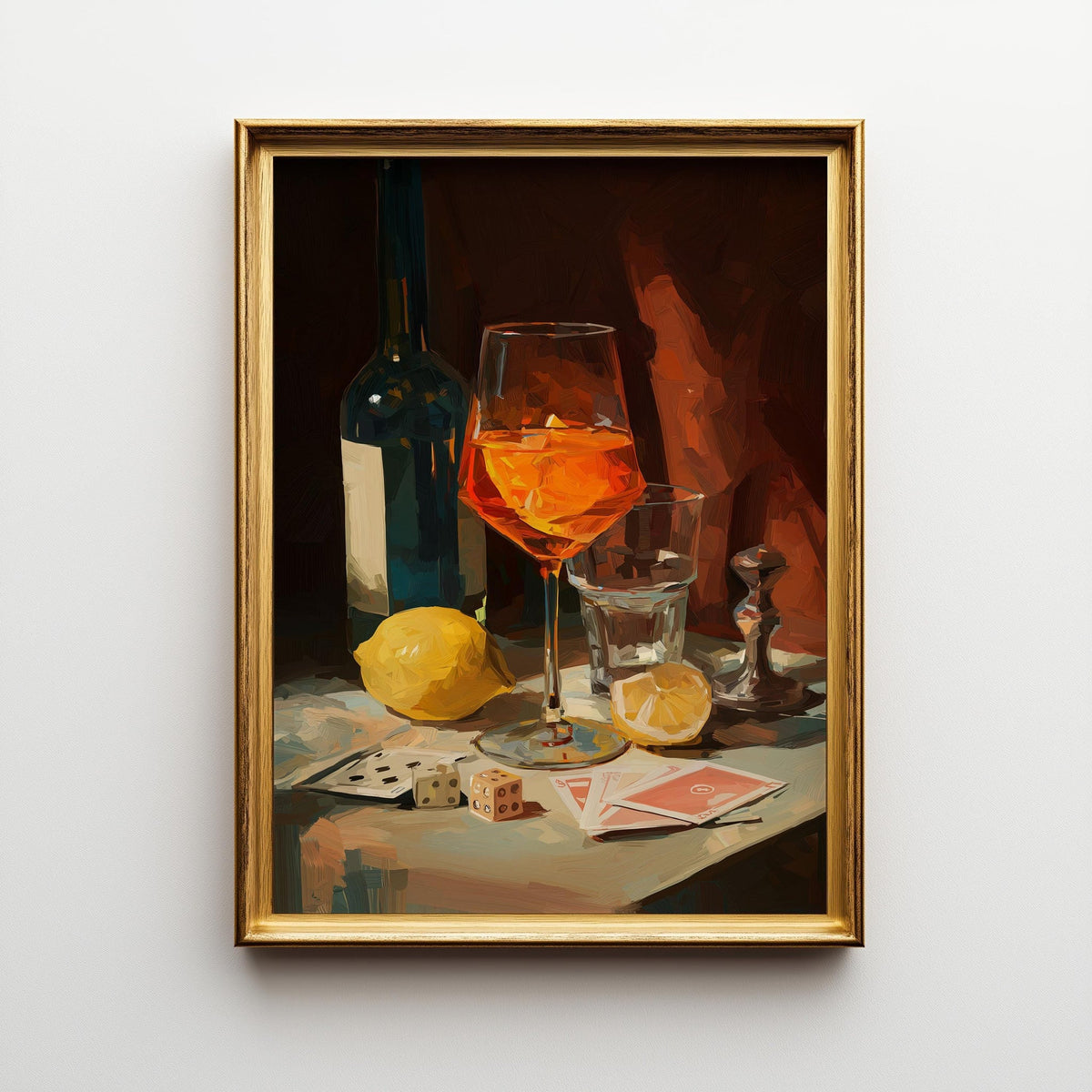 Moody Wine Martini Still Life Wall Art, Playing Cards & Dice, Dark Bar Décor, Luxury Cocktail Print, Games night by The Wa...