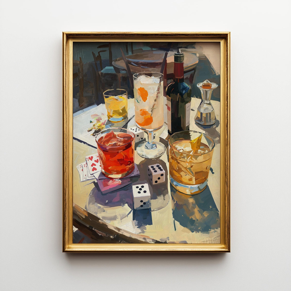 Moody Wine Martini Still Life Wall Art, Playing Cards & Dice, Dark Bar Décor, Luxury Cocktail Print, Games night by The Wa...