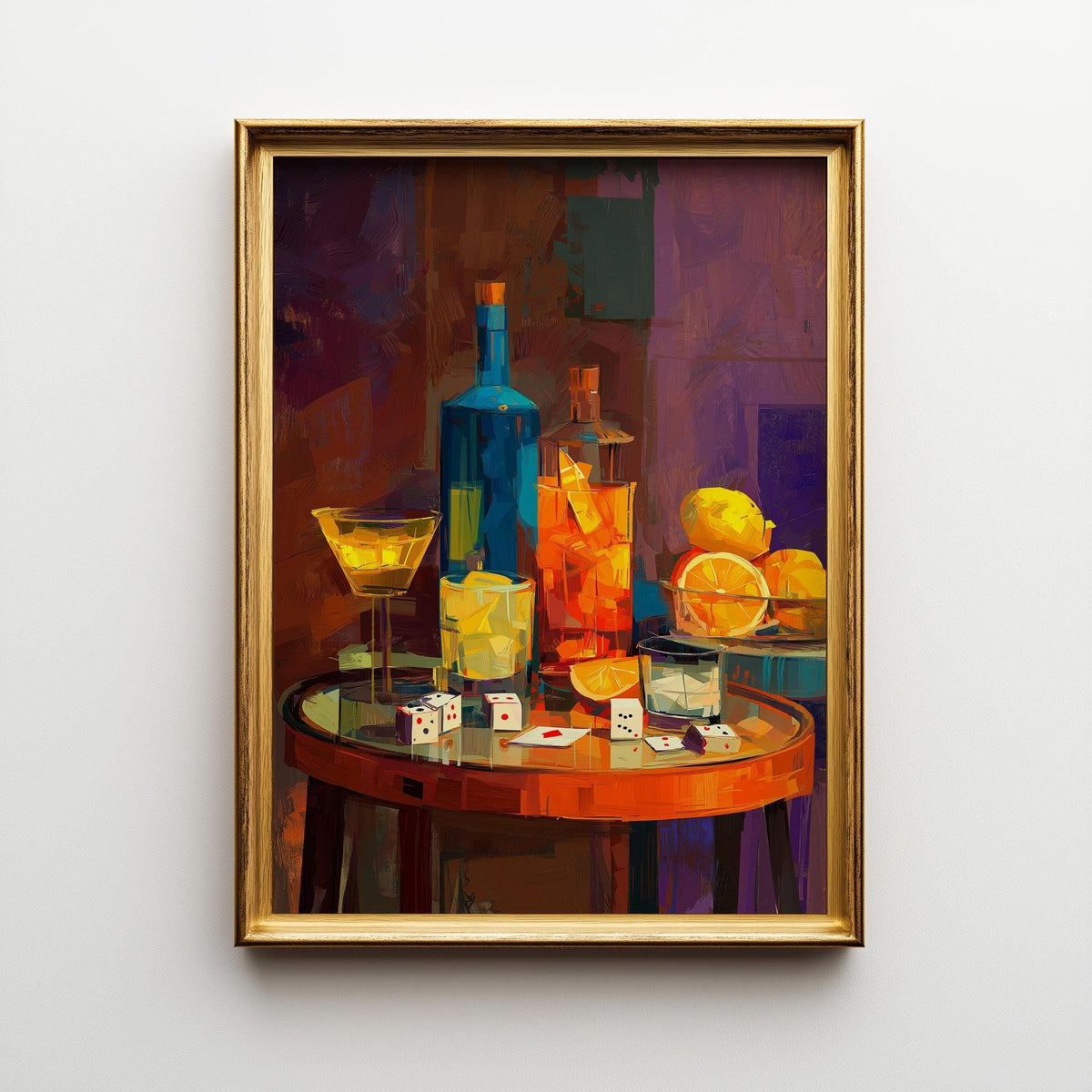 Moody Wine Martini Still Life Wall Art, Playing Cards & Dice, Dark Bar Décor, Luxury Cocktail Print, Games night by The Wa...